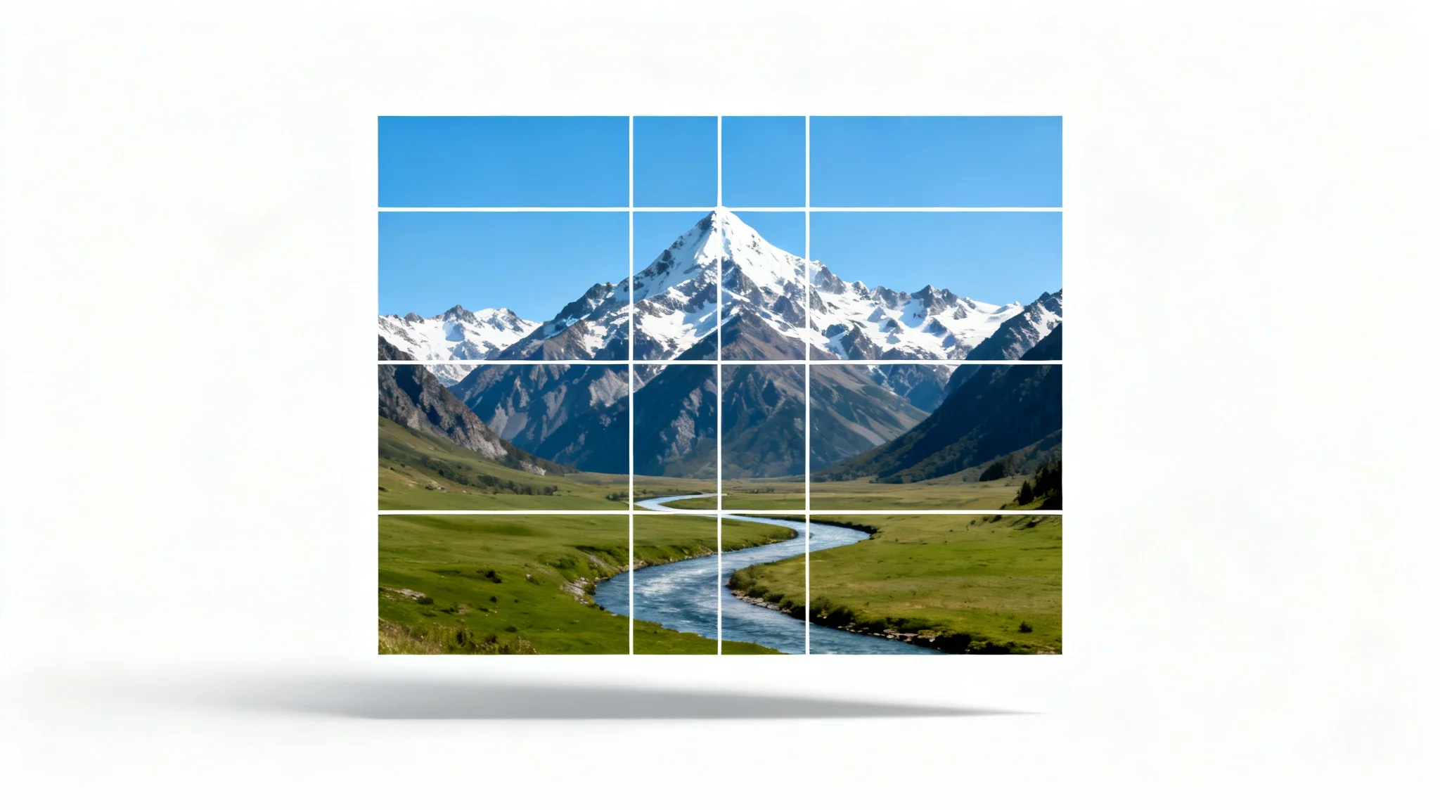 A photograph of a mountain landscape with a semi-transparent rule-of-thirds grid overlay, demonstrating how to use grids for better photo composition.