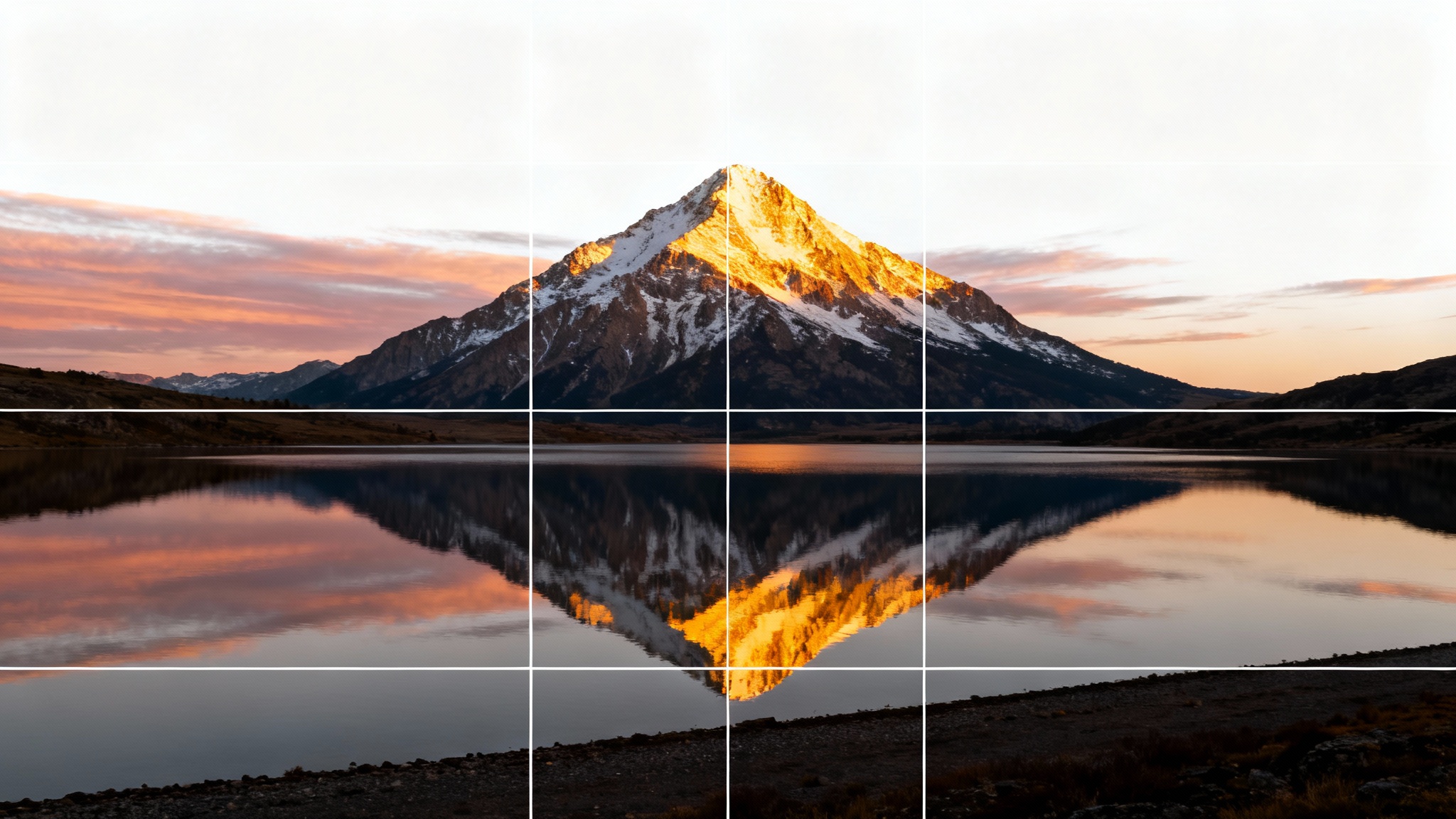A photograph of a mountain reflected in a lake at sunrise, with a white 'rule of thirds' grid overlay to demonstrate photo composition principles.