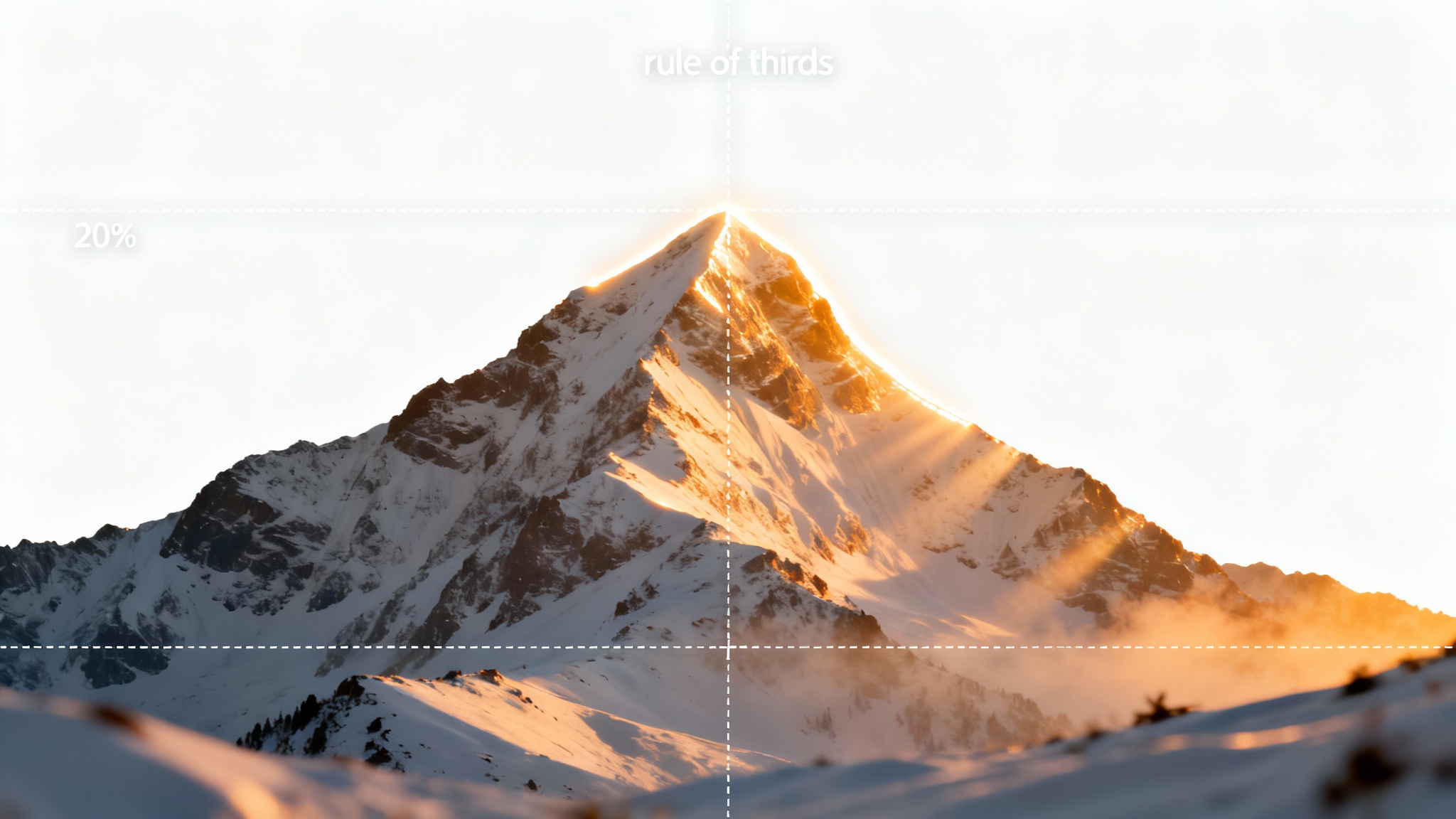 A stunning photograph of a mountain at sunrise with a white rule of thirds grid overlay, demonstrating a compositional guide.