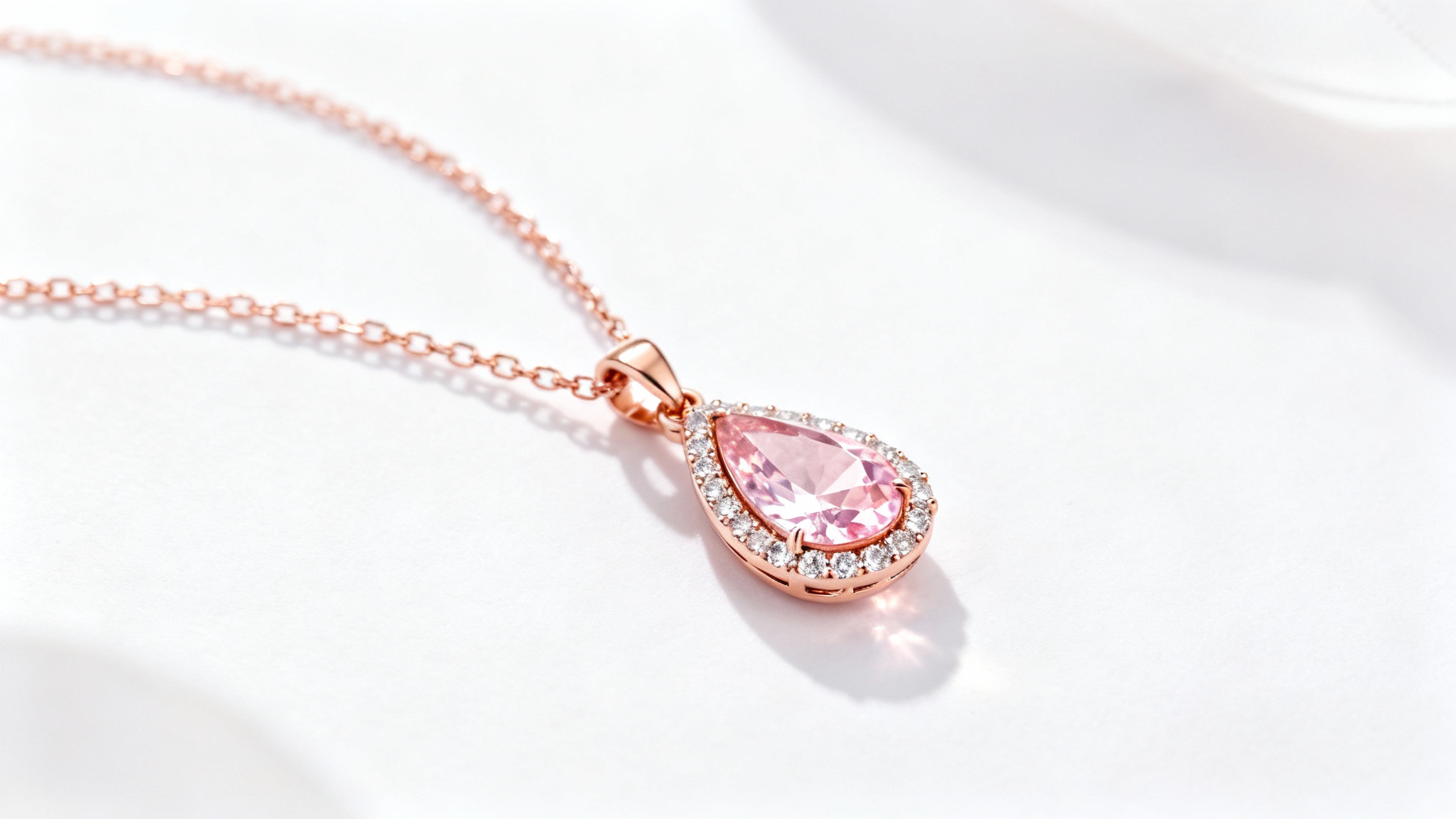 A close-up studio shot of a luxurious rose gold necklace featuring a teardrop-shaped pink morganite and diamond pendant, set against a clean white background.