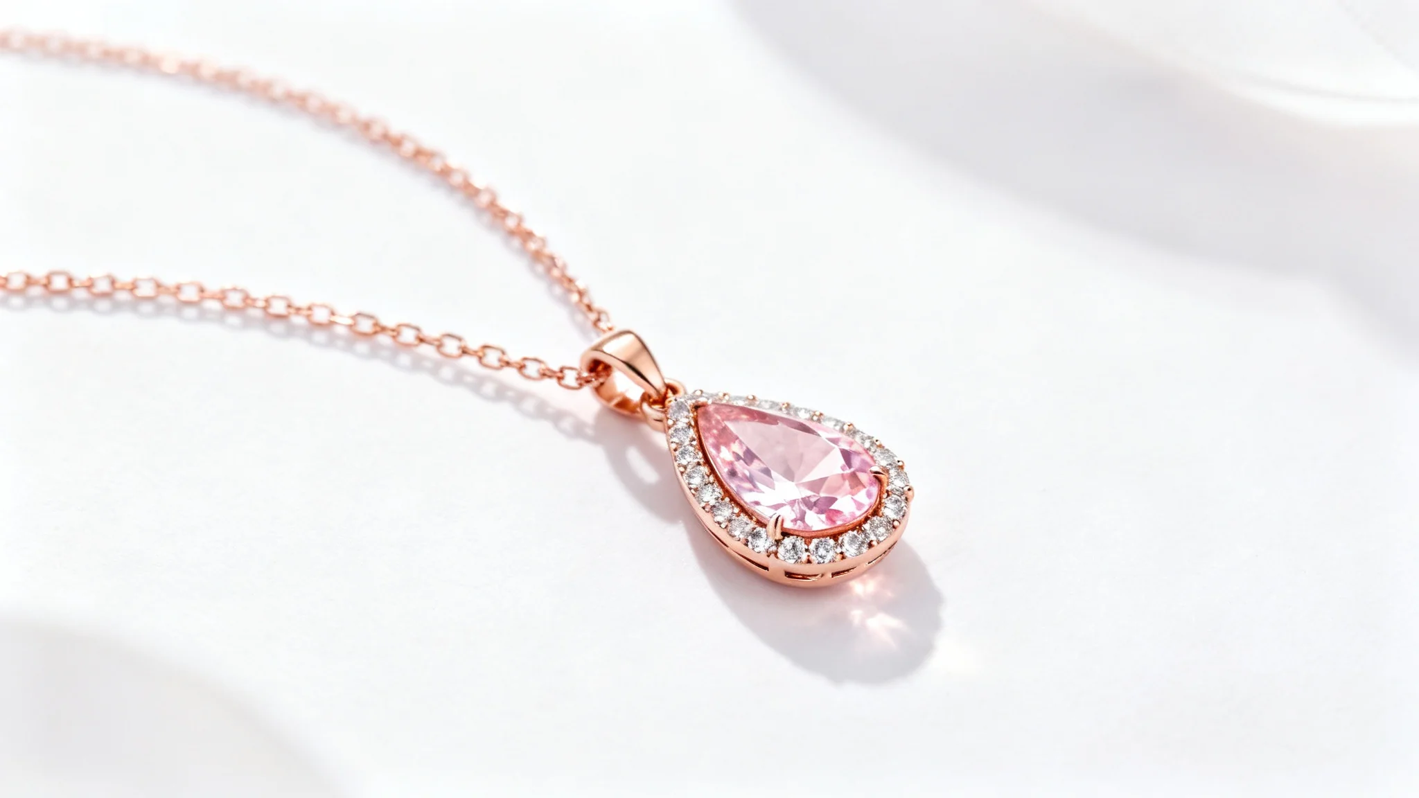 A close-up studio shot of a luxurious rose gold necklace featuring a teardrop-shaped pink morganite and diamond pendant, set against a clean white background.