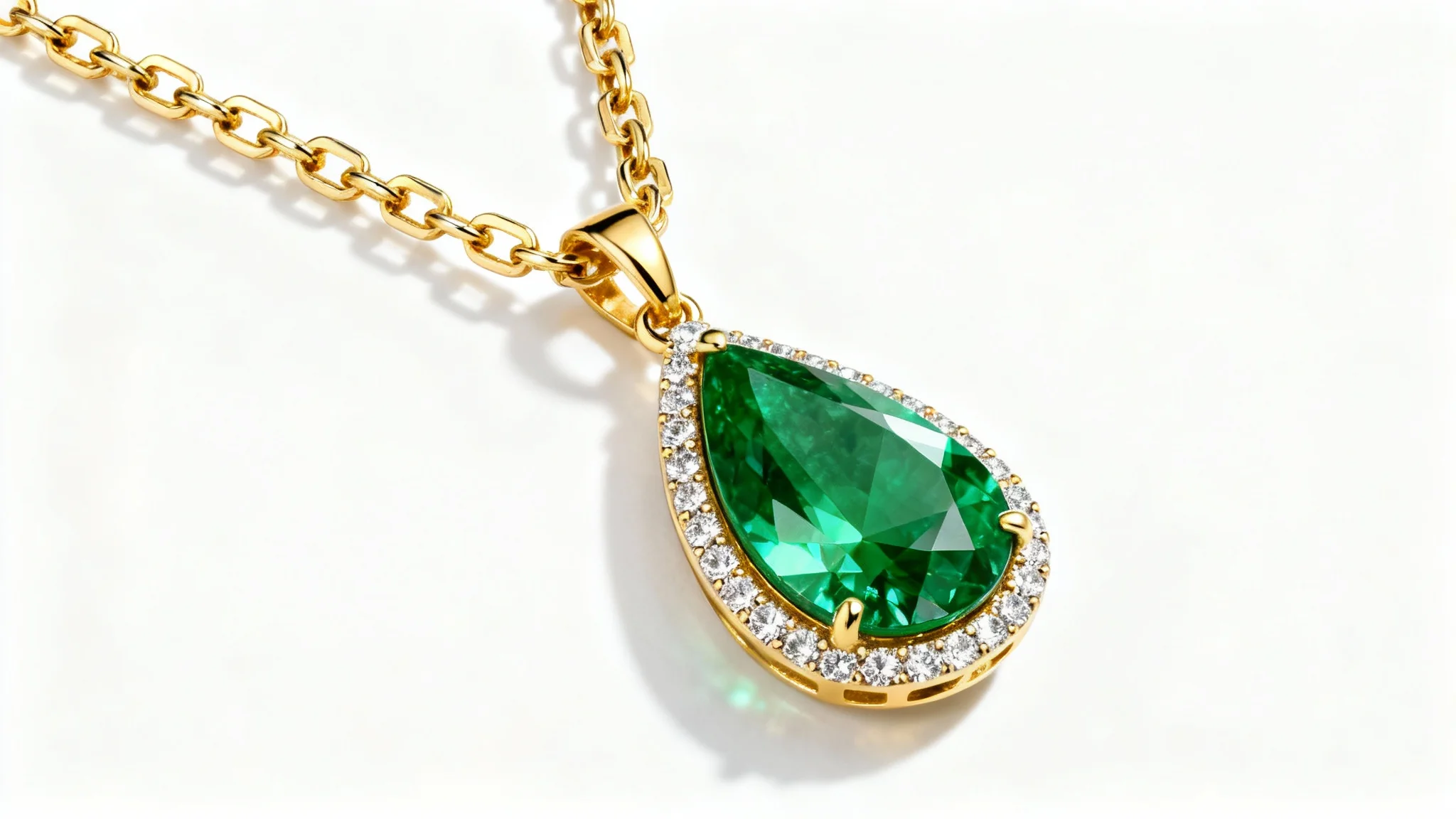 A professional studio photograph of a luxurious gold necklace with a pear-shaped emerald and diamond pendant, set against a clean white background.