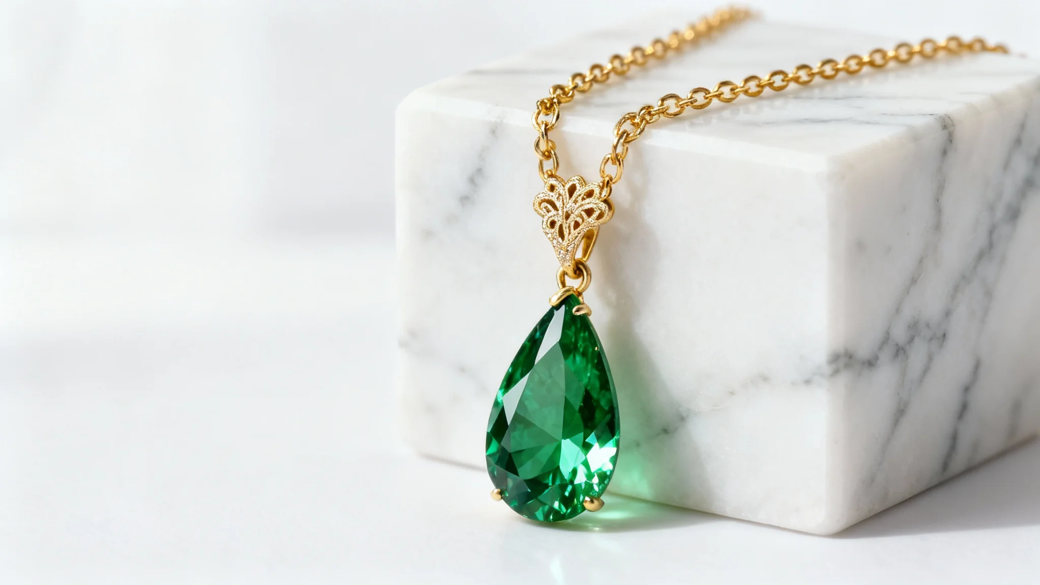 A close-up studio photograph of an elegant gold necklace with a vibrant teardrop emerald pendant, gracefully displayed on a white marble block against a clean white background.