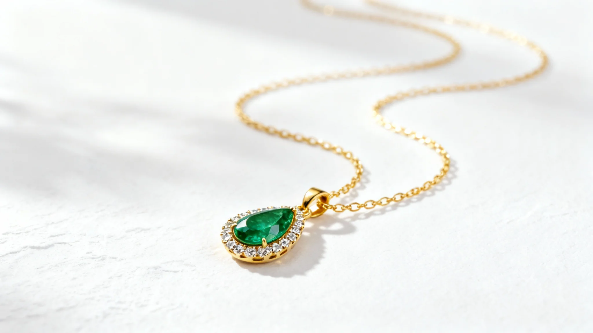 A professional studio photograph of an elegant gold necklace with a pear-shaped emerald and diamond pendant, displayed on a clean white background.