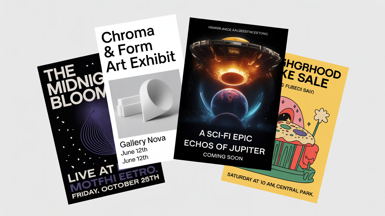 A vibrant collection of four custom-designed event posters for a concert, art exhibit, movie, and bake sale, arranged against a white background.