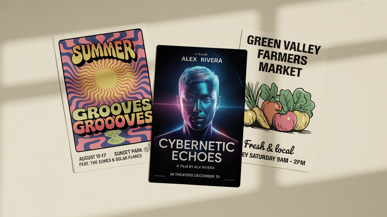 A mockup showcasing three different custom-designed posters for a music festival, a movie premiere, and a farmers market, arranged on a white background.
