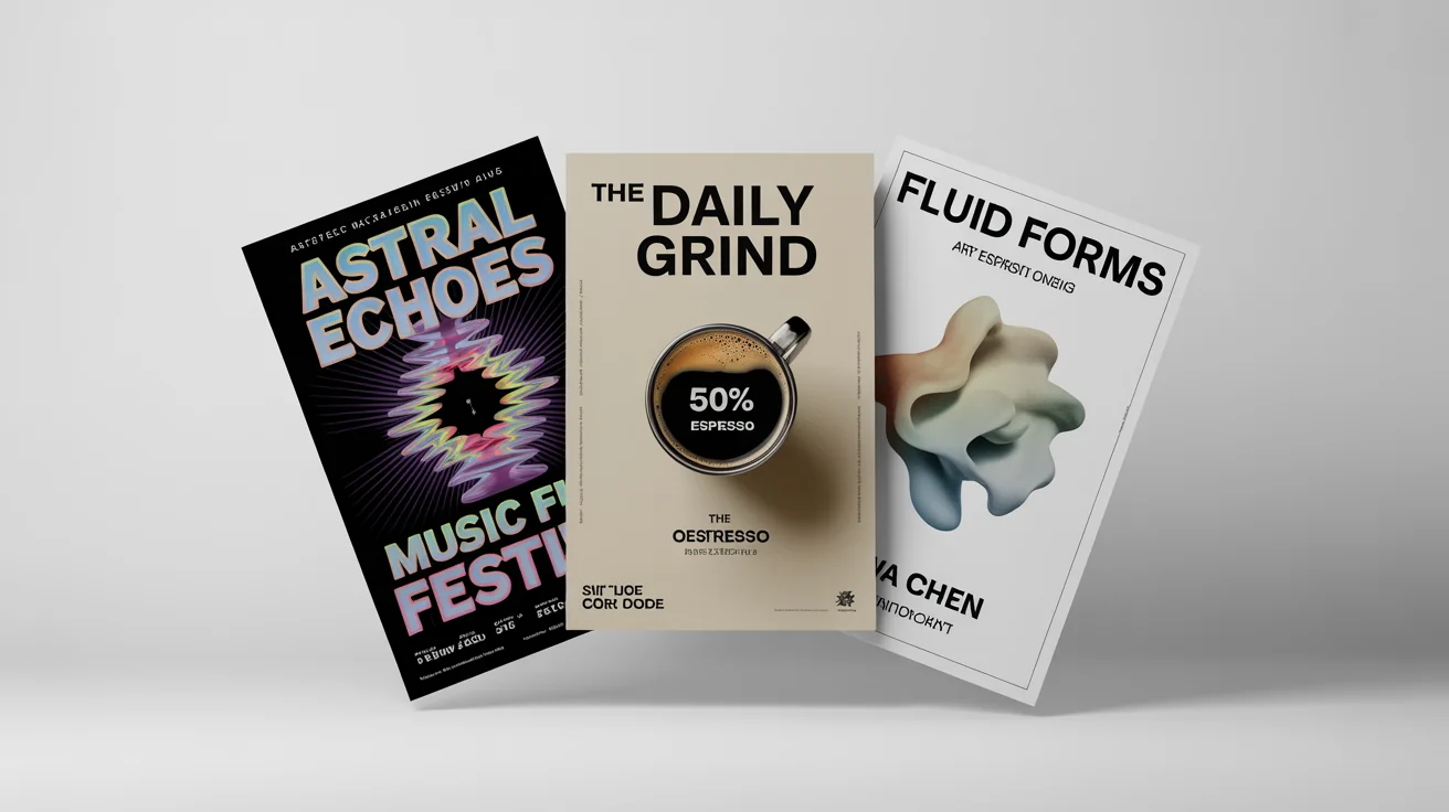 A mockup of three different custom-designed posters for a music festival, a coffee shop promotion, and an art exhibition, arranged against a clean white background to showcase design versatility.
