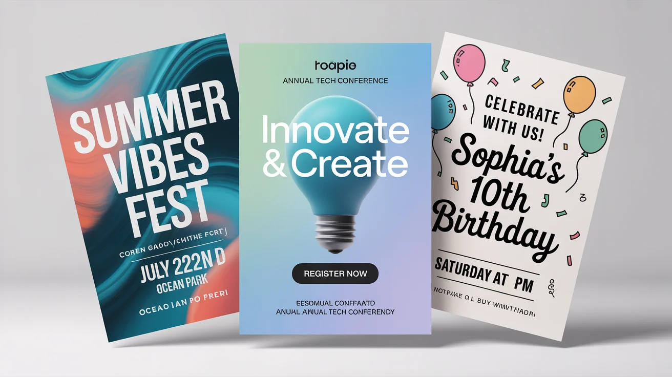 A mockup of three diverse custom posters for a festival, a tech conference, and a birthday party, arranged on a clean white background to showcase design variety.