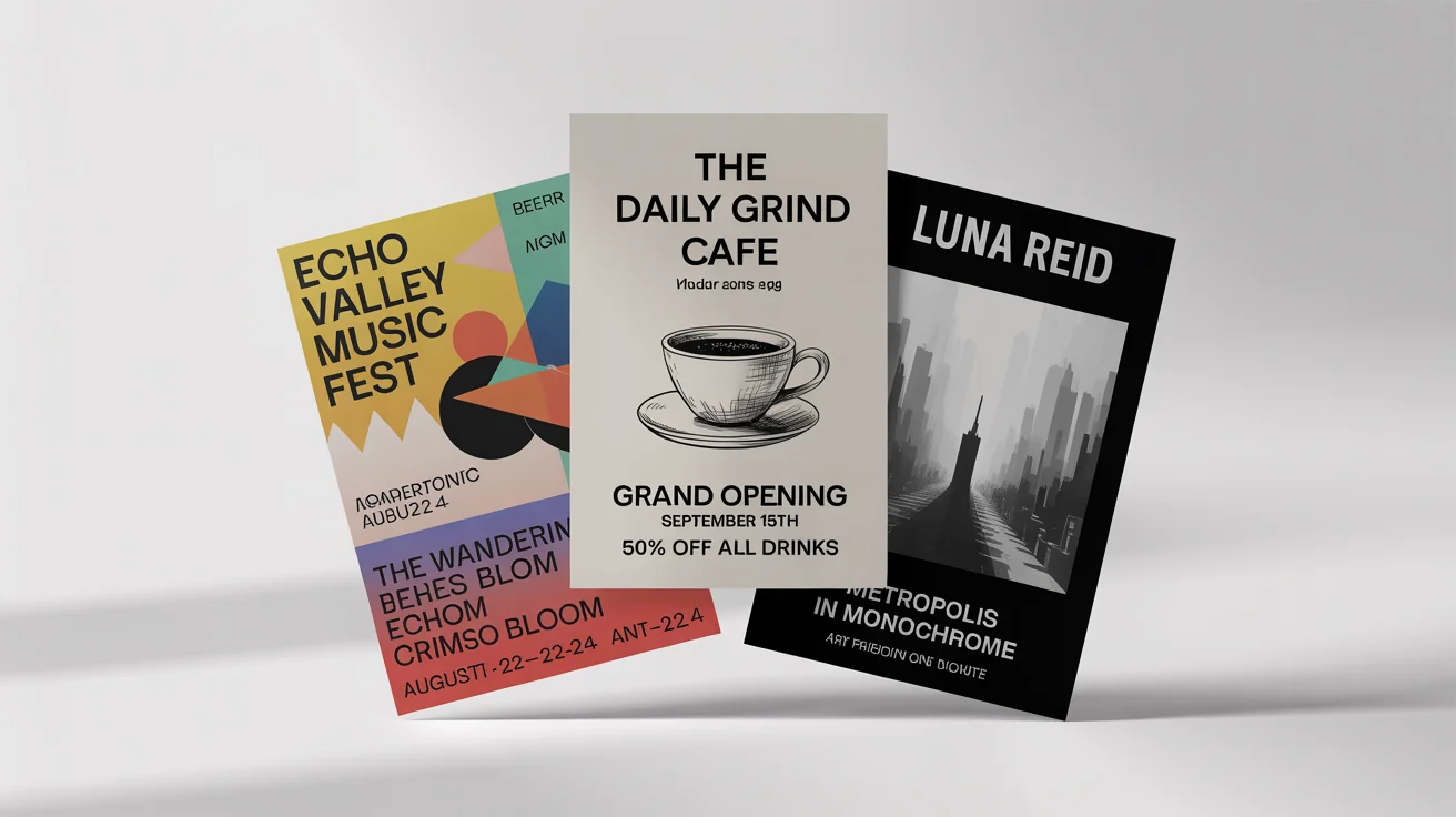 A mockup of three different custom posters displayed on a white background. The posters advertise a music festival, a coffee shop grand opening, and a minimalist art exhibition, showcasing a variety of design styles.