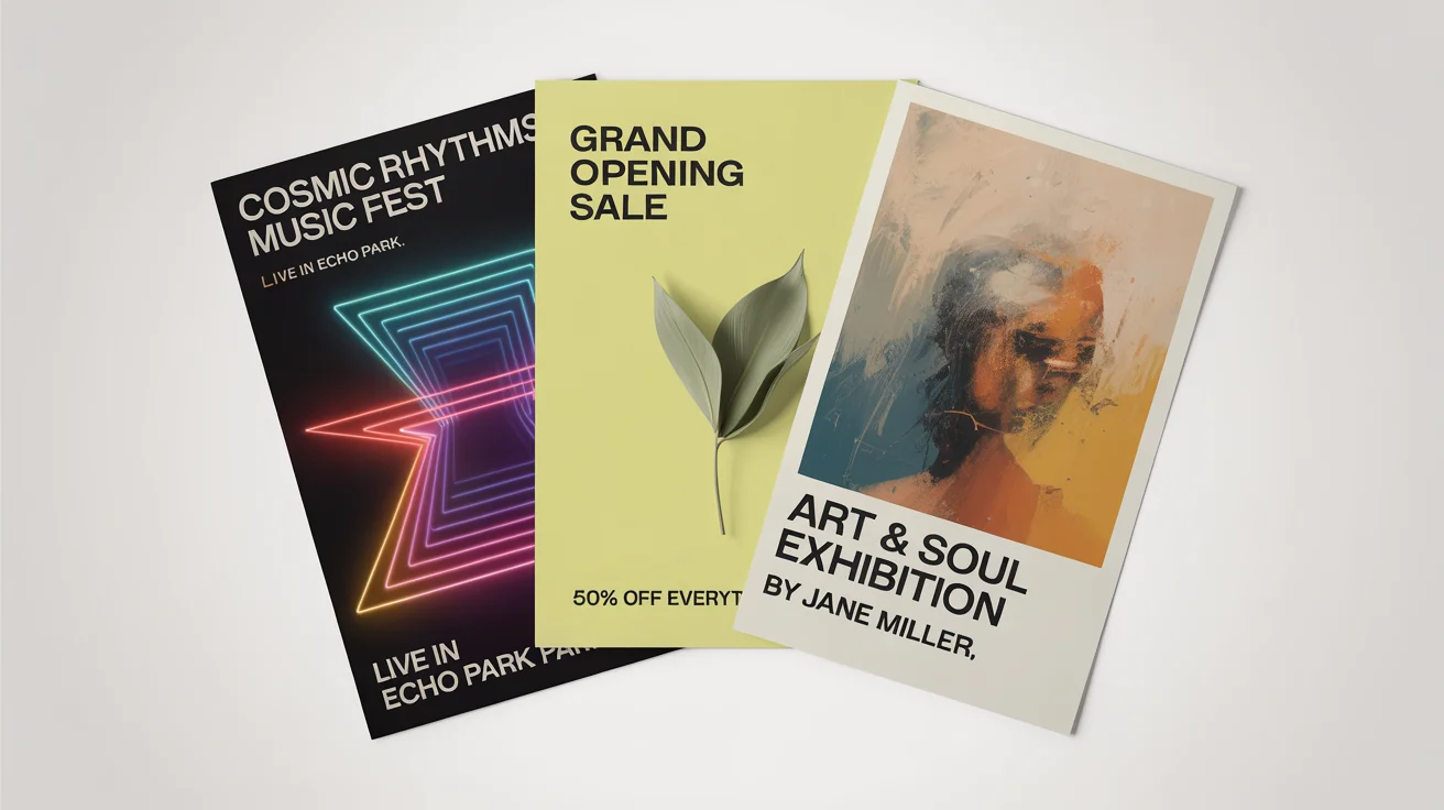 A mockup of three different custom posters fanned out on a white background, demonstrating design versatility for events and promotions. One poster is for a music festival, one for a retail sale, and one for an art exhibition.