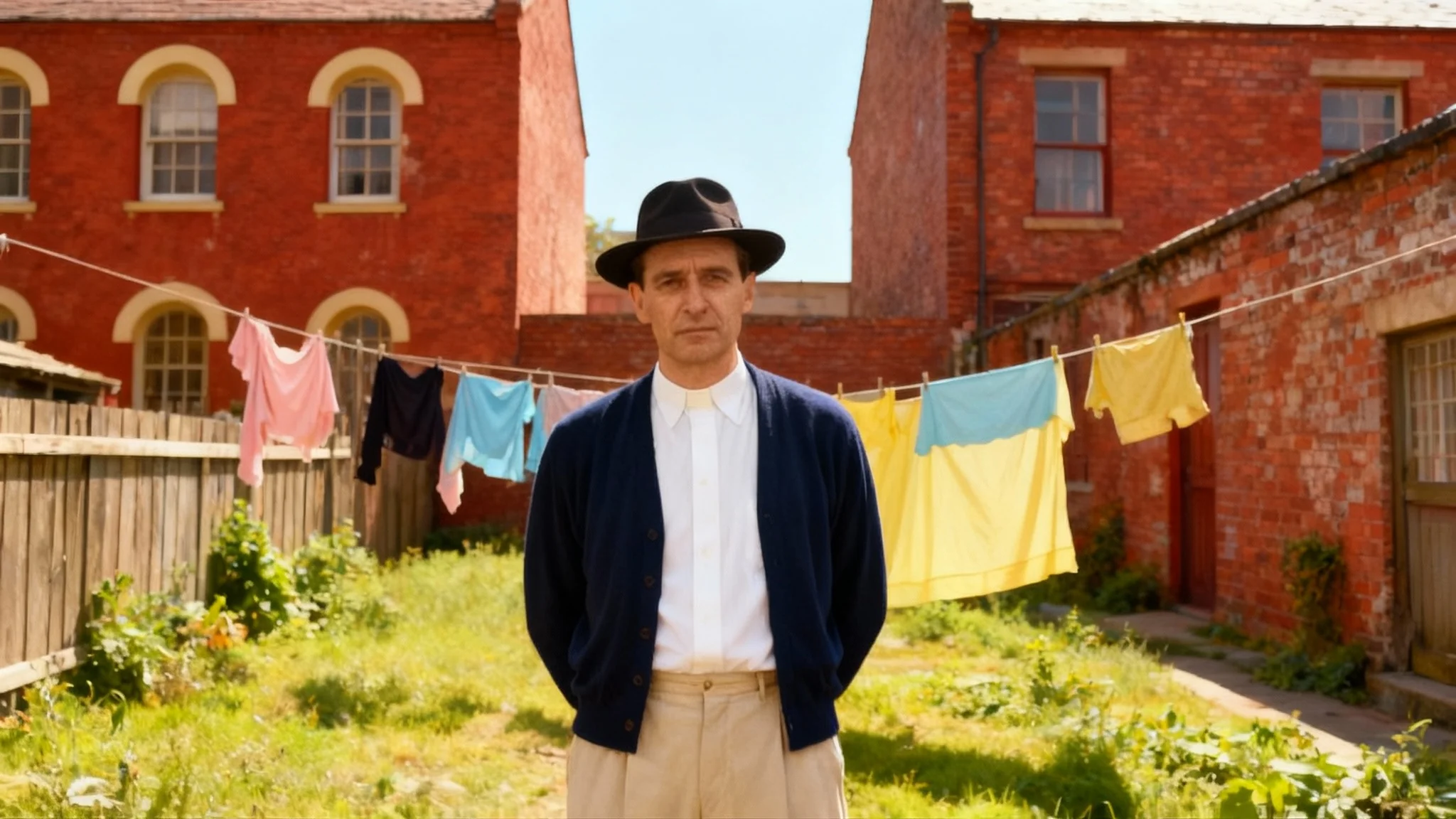 A fully and vibrantly colorized vintage photograph showing a man in a clerical collar and cardigan standing in a courtyard, with colorful laundry hanging on a line between two red brick buildings.