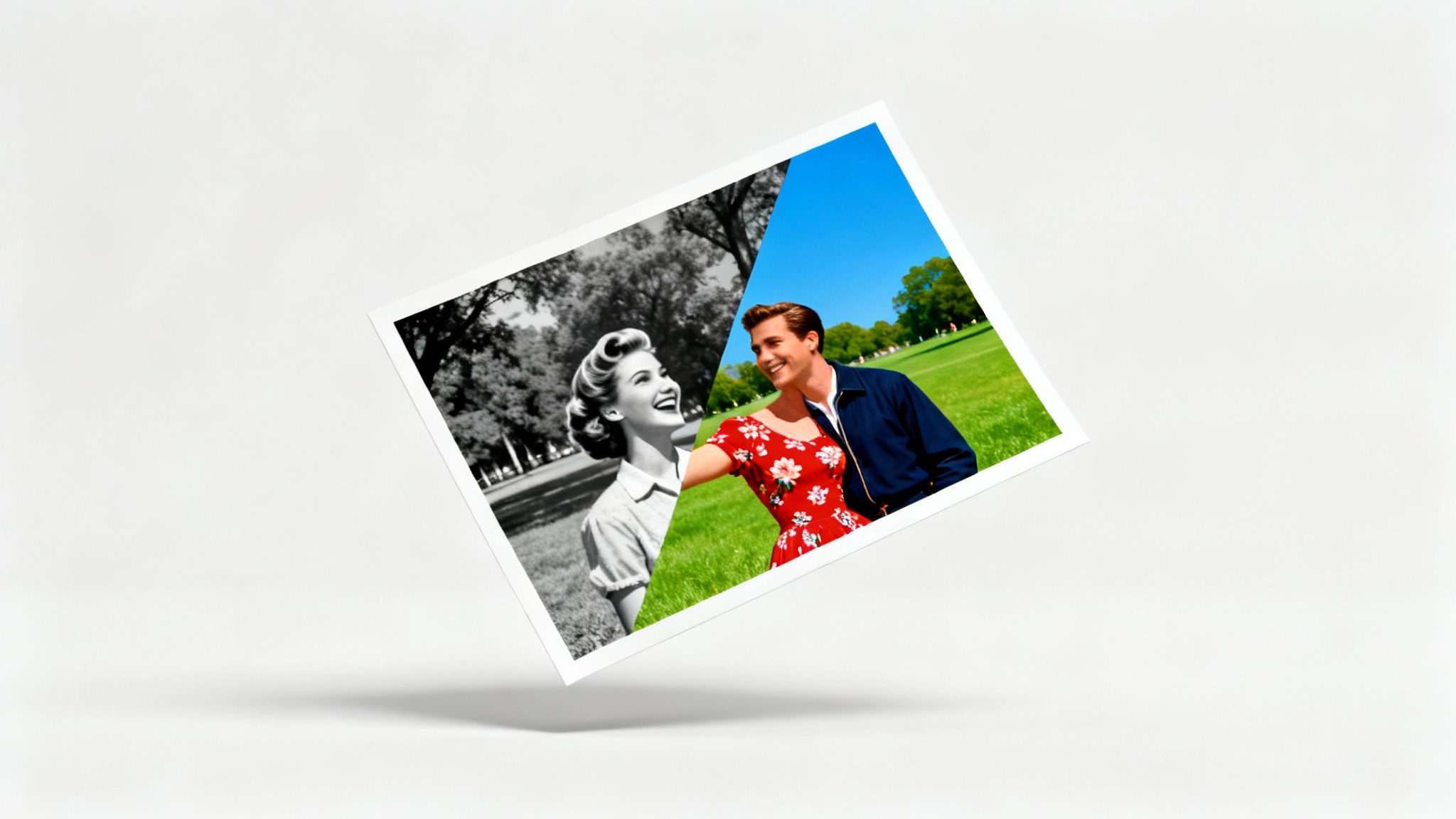 A vintage photograph of a couple, split diagonally to show the effect of colorization. One half is in black and white, and the other is in full, vibrant color, demonstrating the photo colorization process.