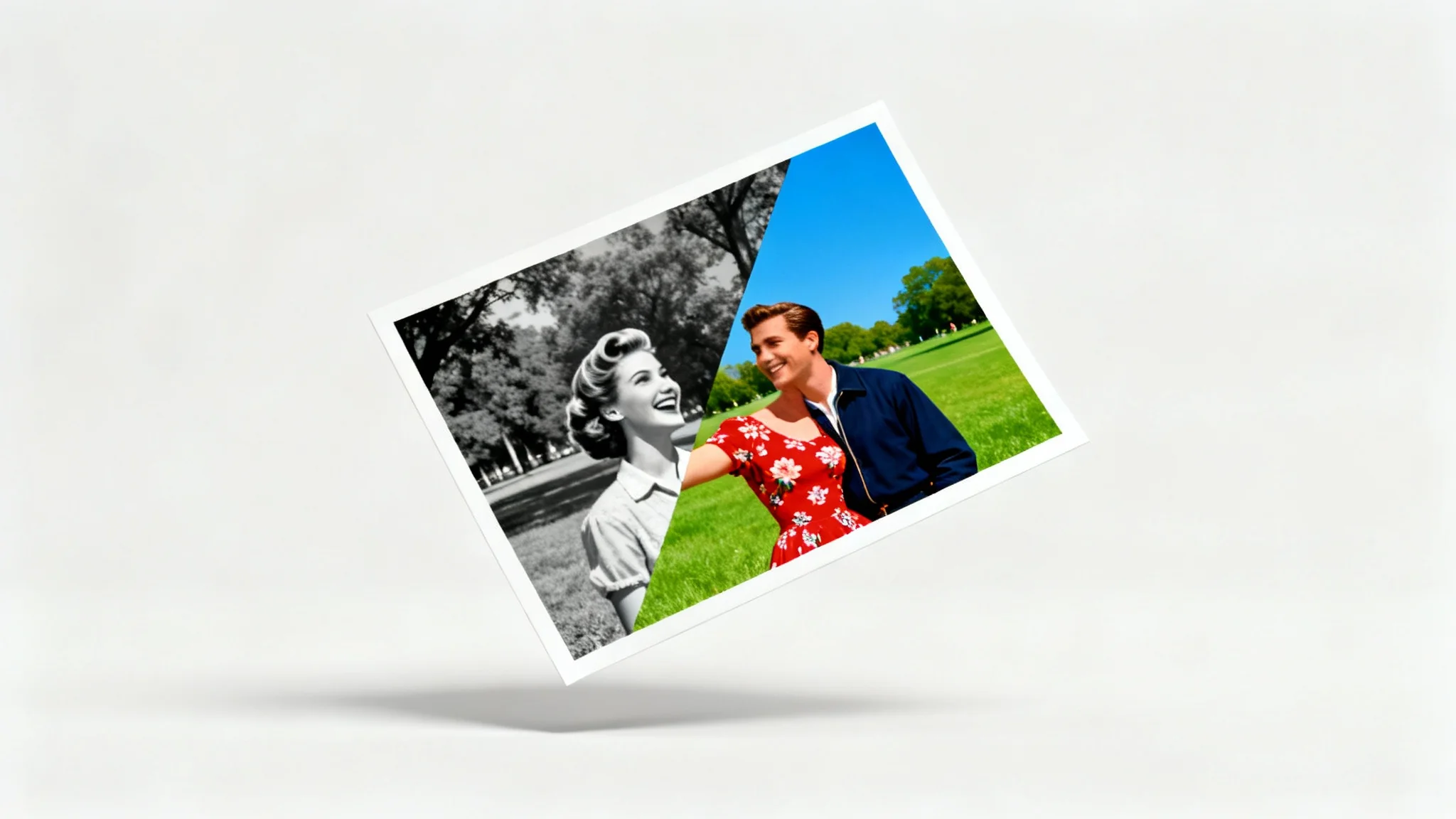 A vintage photograph of a couple, split diagonally to show the effect of colorization. One half is in black and white, and the other is in full, vibrant color, demonstrating the photo colorization process.