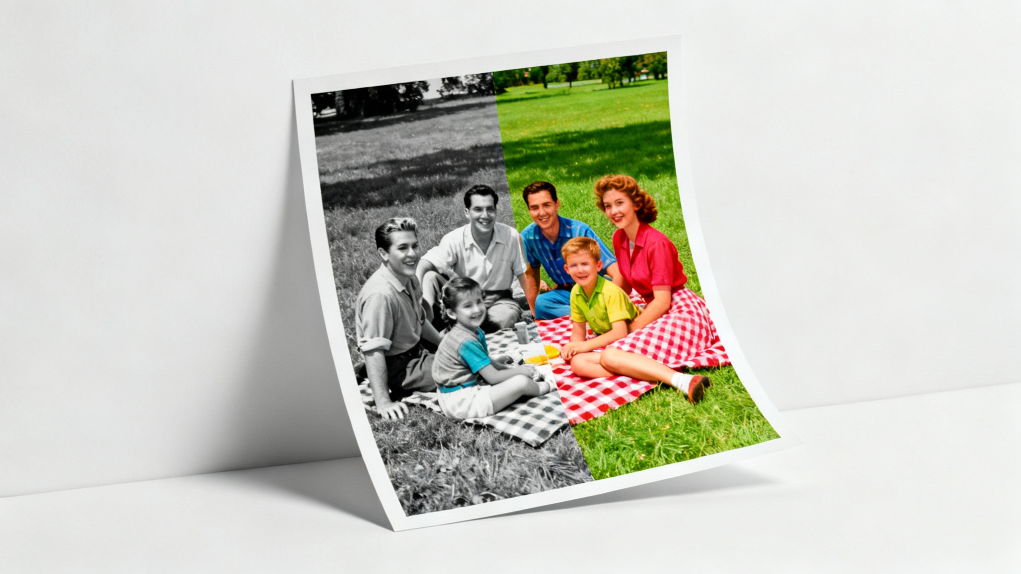 A before-and-after image demonstrating photo colorization. The left half shows a vintage family picnic in black and white, while the right half shows the same scene in full, vibrant color.