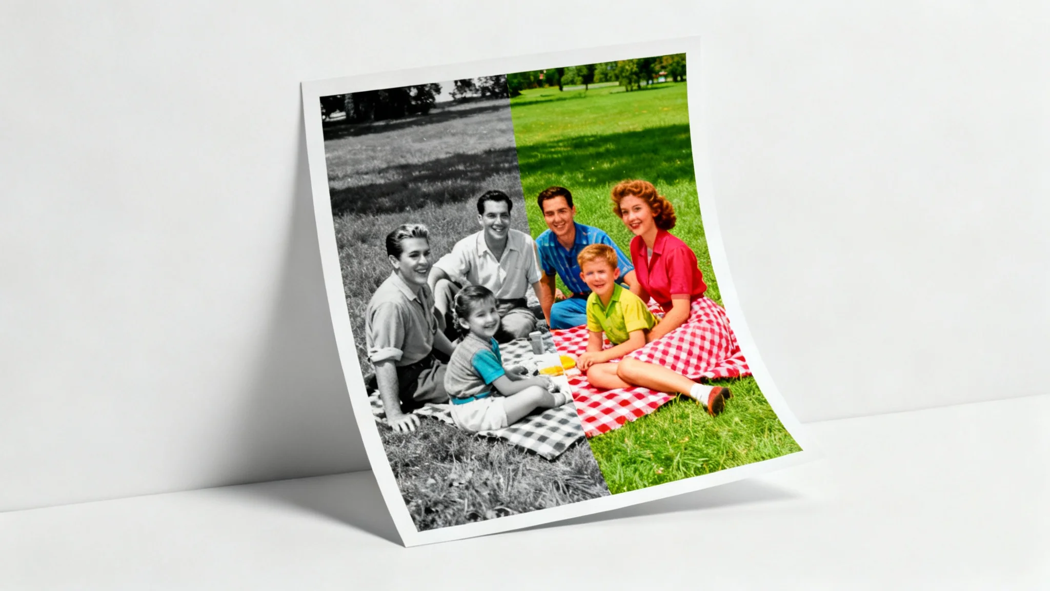 A before-and-after image demonstrating photo colorization. The left half shows a vintage family picnic in black and white, while the right half shows the same scene in full, vibrant color.