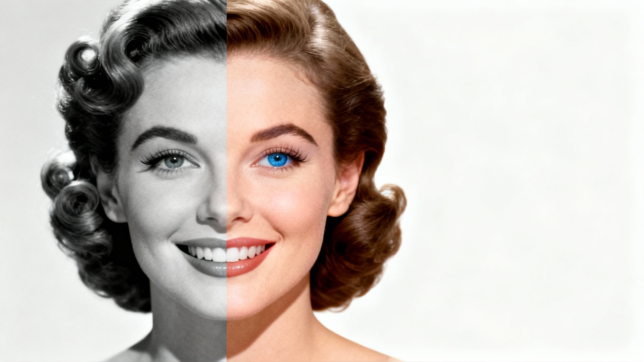 A vintage portrait of a woman, split down the middle: the left side is in black and white, and the right side is in full, realistic color, showcasing photo colorization.