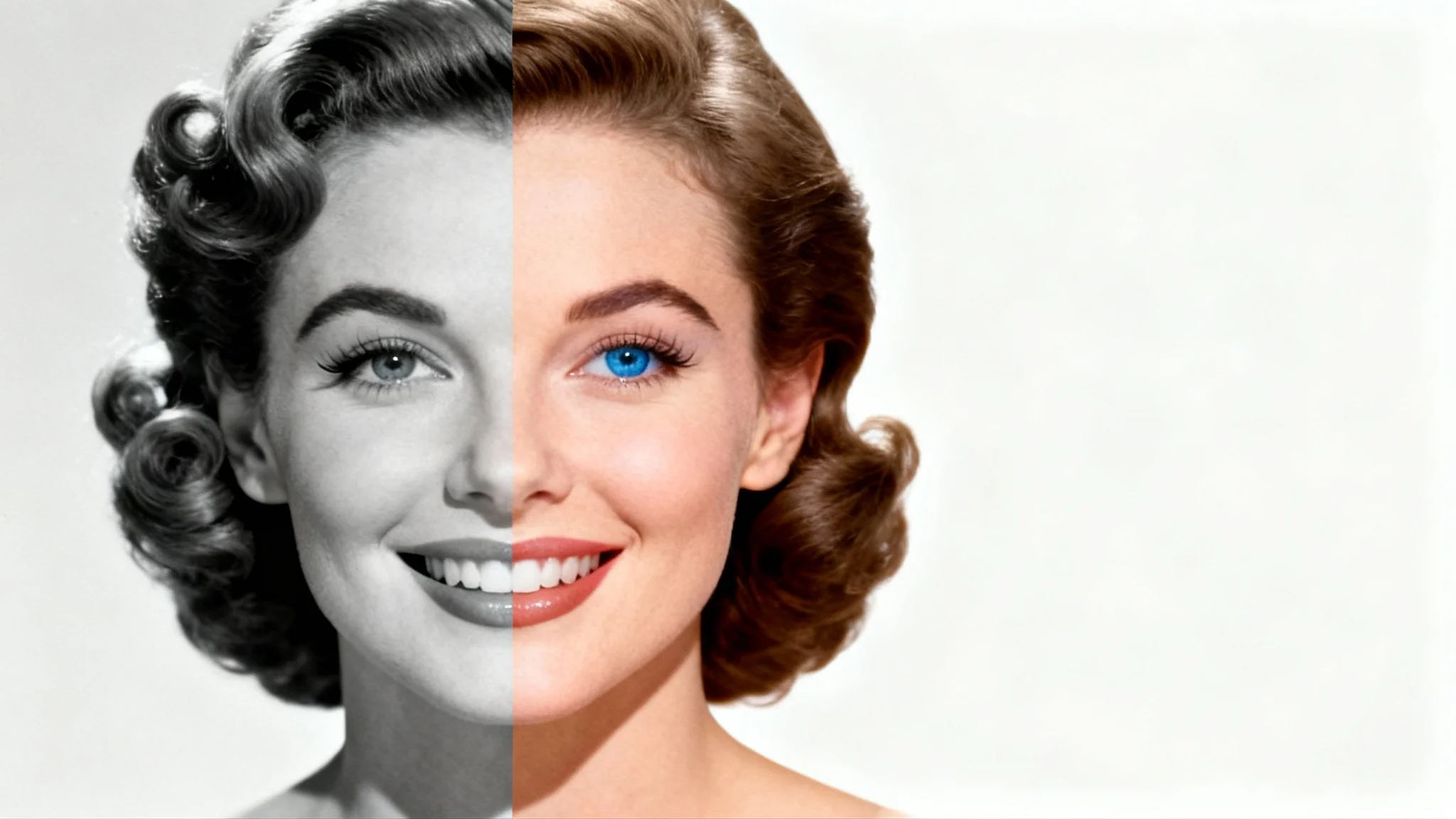 A vintage portrait of a woman, split down the middle: the left side is in black and white, and the right side is in full, realistic color, showcasing photo colorization.