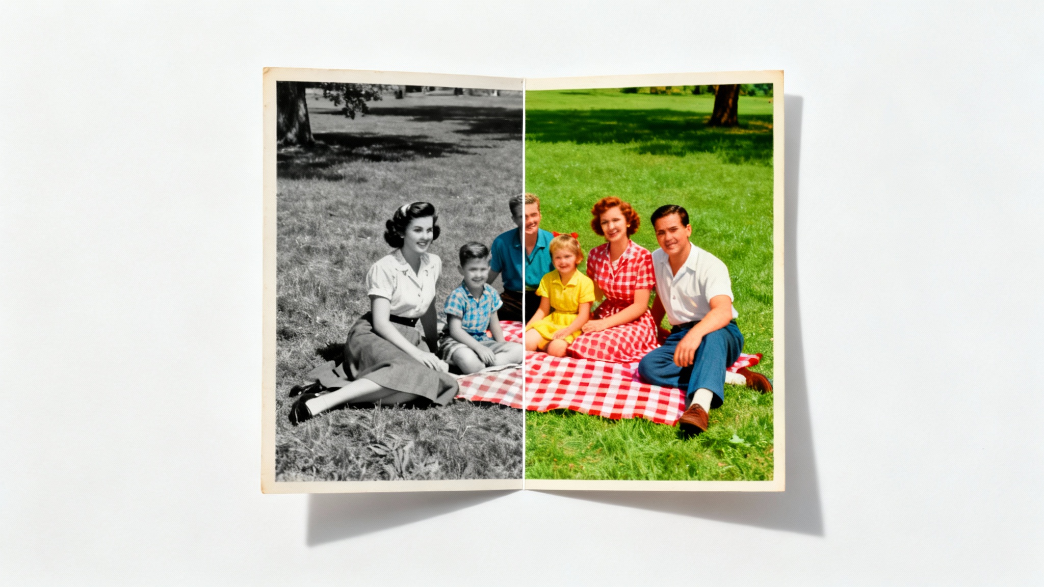 A before-and-after image showing a vintage family picnic photo being colorized. The left side is black and white, and the right side is in full, vibrant color.