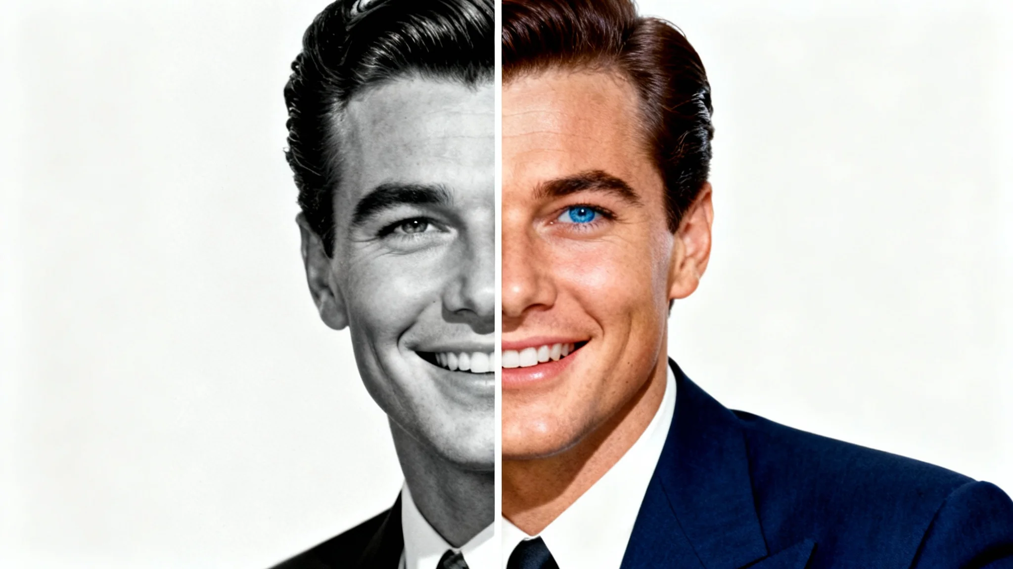 A vintage photograph of a man split in two, with the left side in black and white and the right side in vibrant color, illustrating the effect of photo colorization.