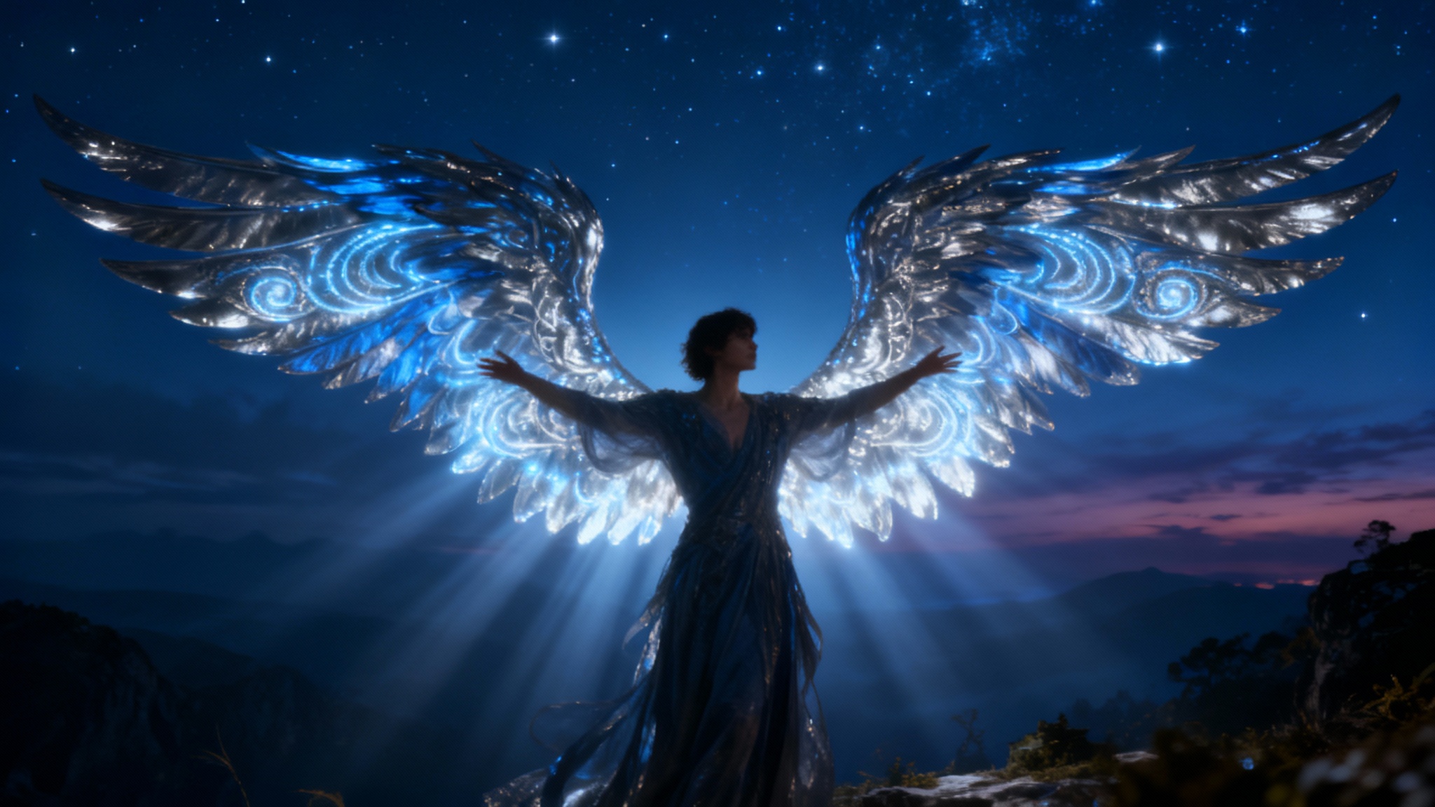 A photorealistic image of a person from behind with enormous, brilliantly glowing angel wings in shades of blue and silver, set against a dark, starry night sky.