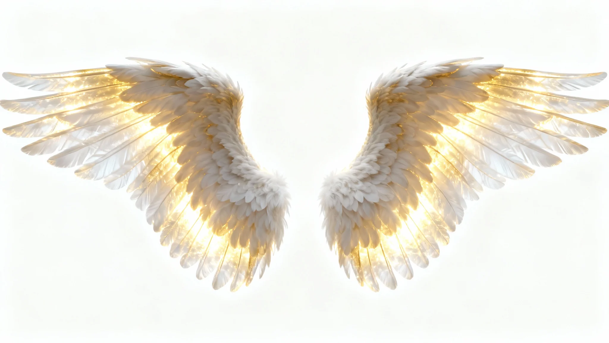 A photorealistic image of a pair of large, glowing angel wings with intricate feather details, radiating a soft golden-white light, set against a clean white background.