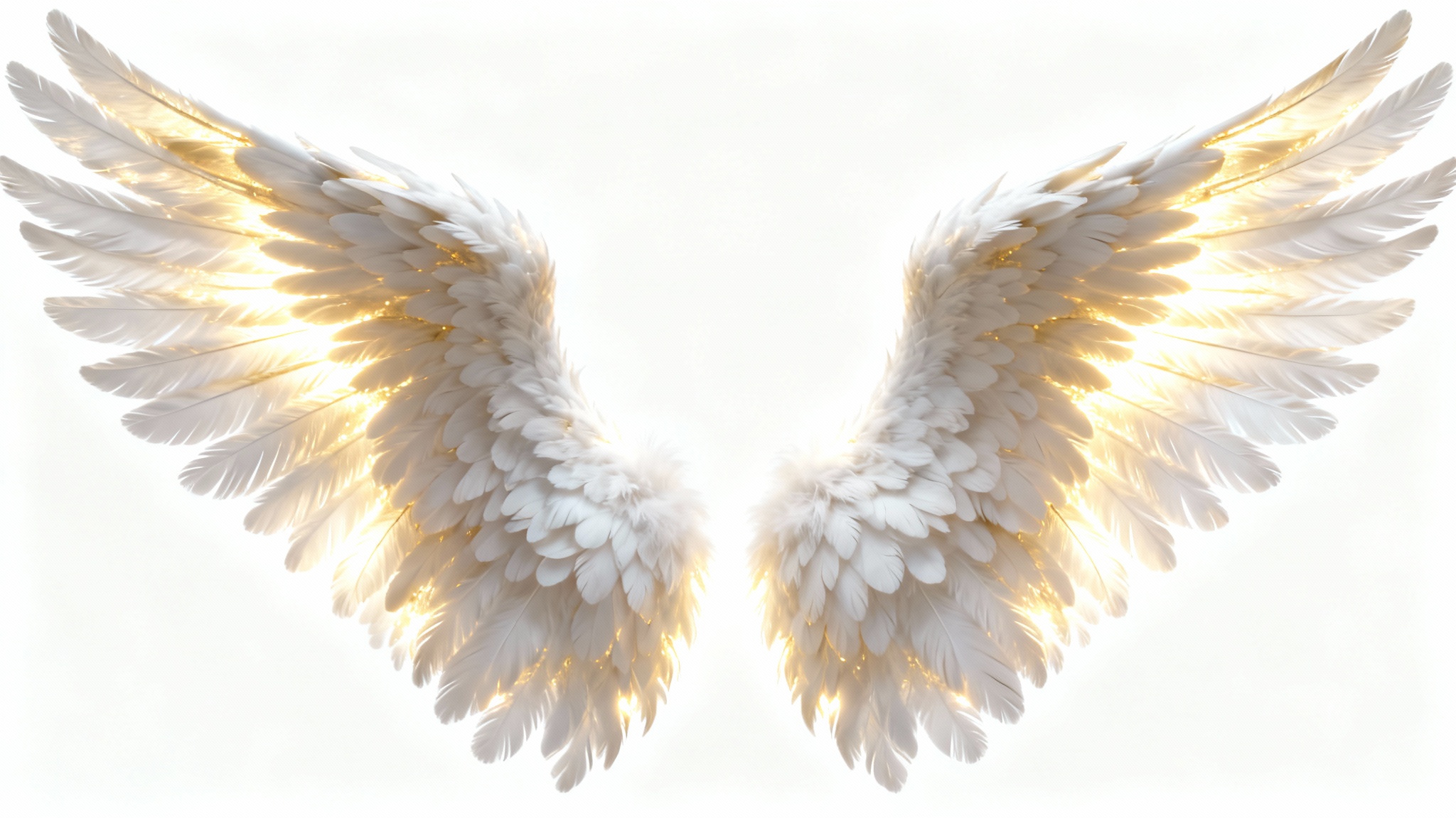 A photorealistic image of a pair of large, majestic white angel wings glowing with a warm, golden light from within, set against a plain white background.