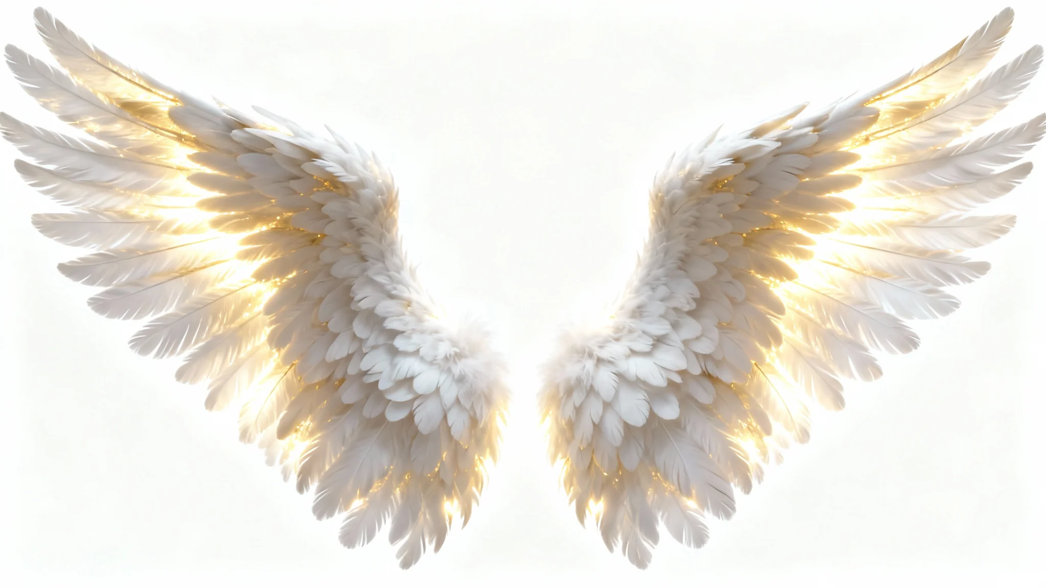 A photorealistic image of a pair of large, majestic white angel wings glowing with a warm, golden light from within, set against a plain white background.