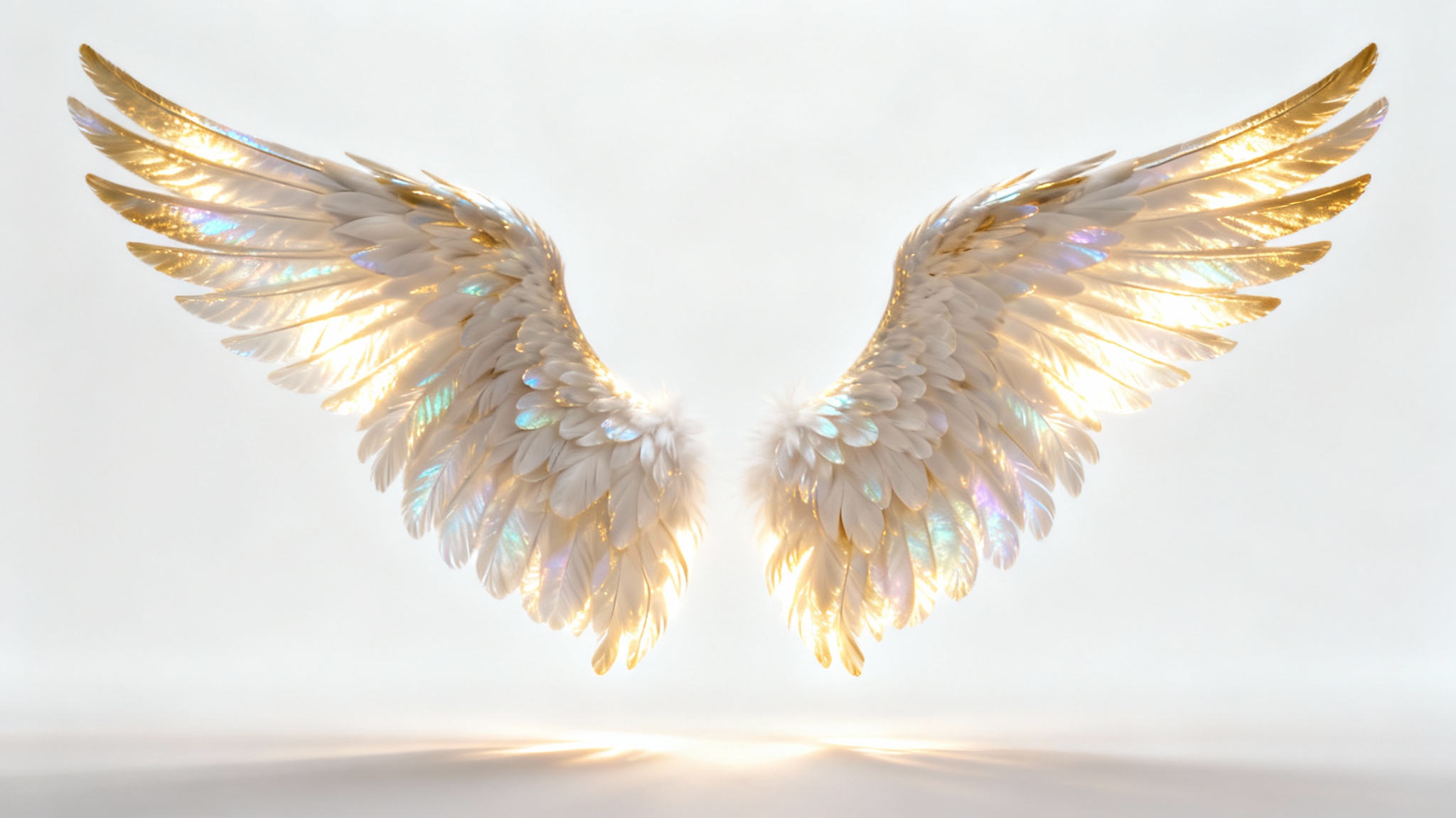 A pair of large, intricately detailed angel wings glowing with a warm, golden-white light, presented as a mockup against a solid white background.