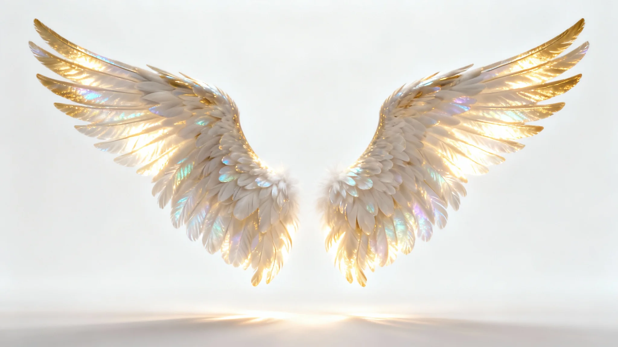 A pair of large, intricately detailed angel wings glowing with a warm, golden-white light, presented as a mockup against a solid white background.