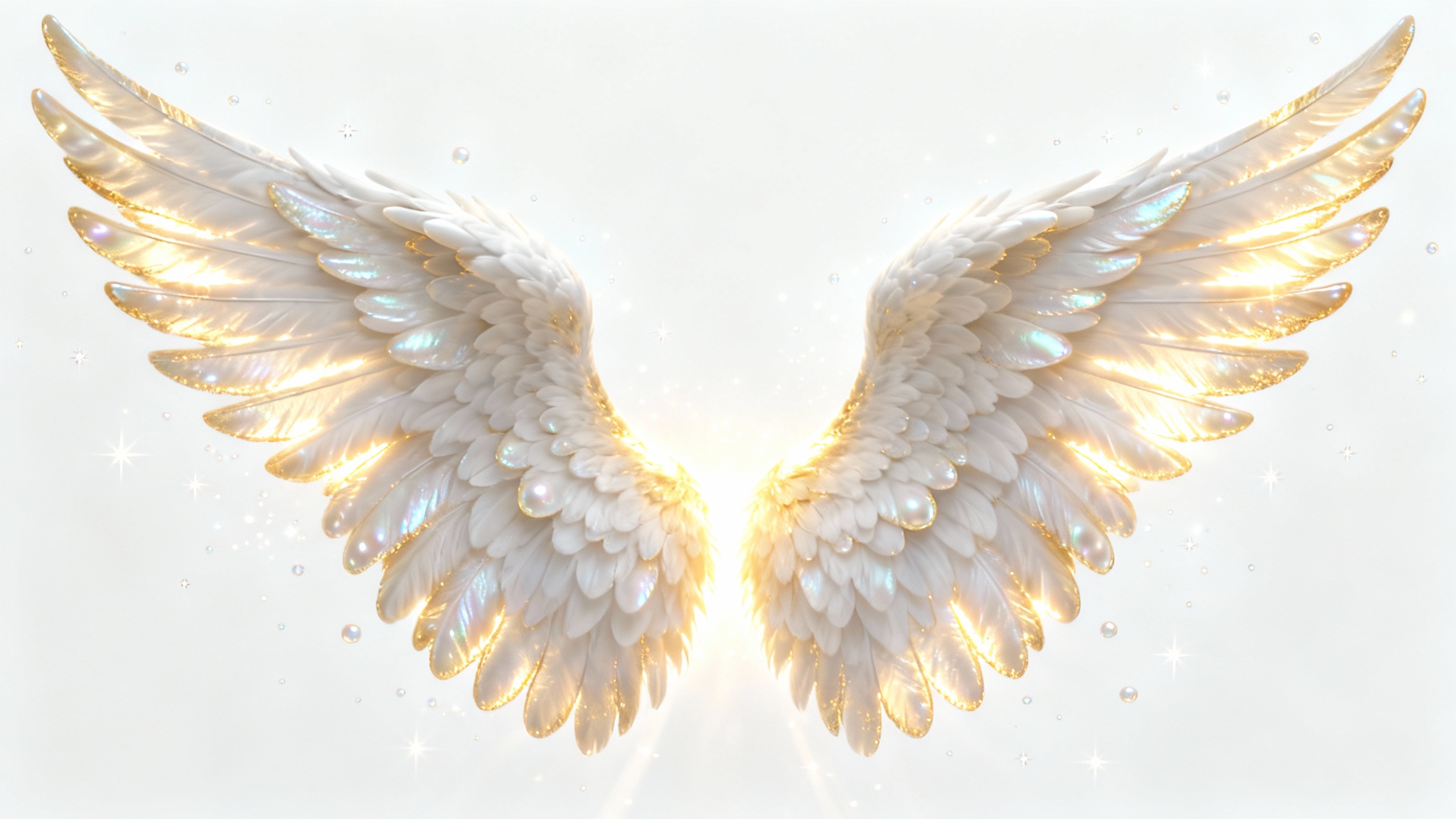 A photorealistic mockup of a large pair of white angel wings with a pearlescent finish, glowing from within with a warm golden light, set against a solid white background.