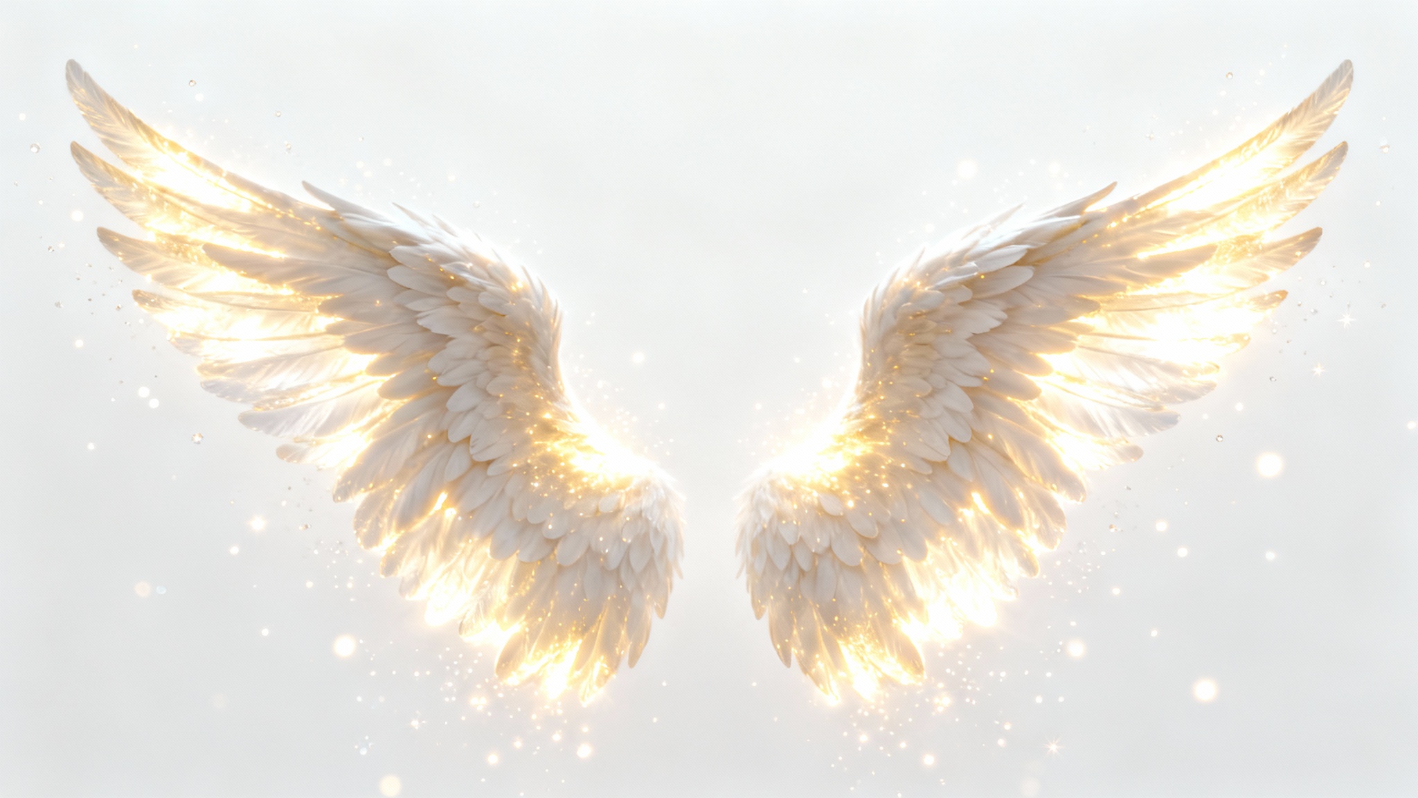 A pair of large, majestic angel wings, glowing with a brilliant warm golden-white light, are displayed against a clean white background, creating a divine and ethereal visual.