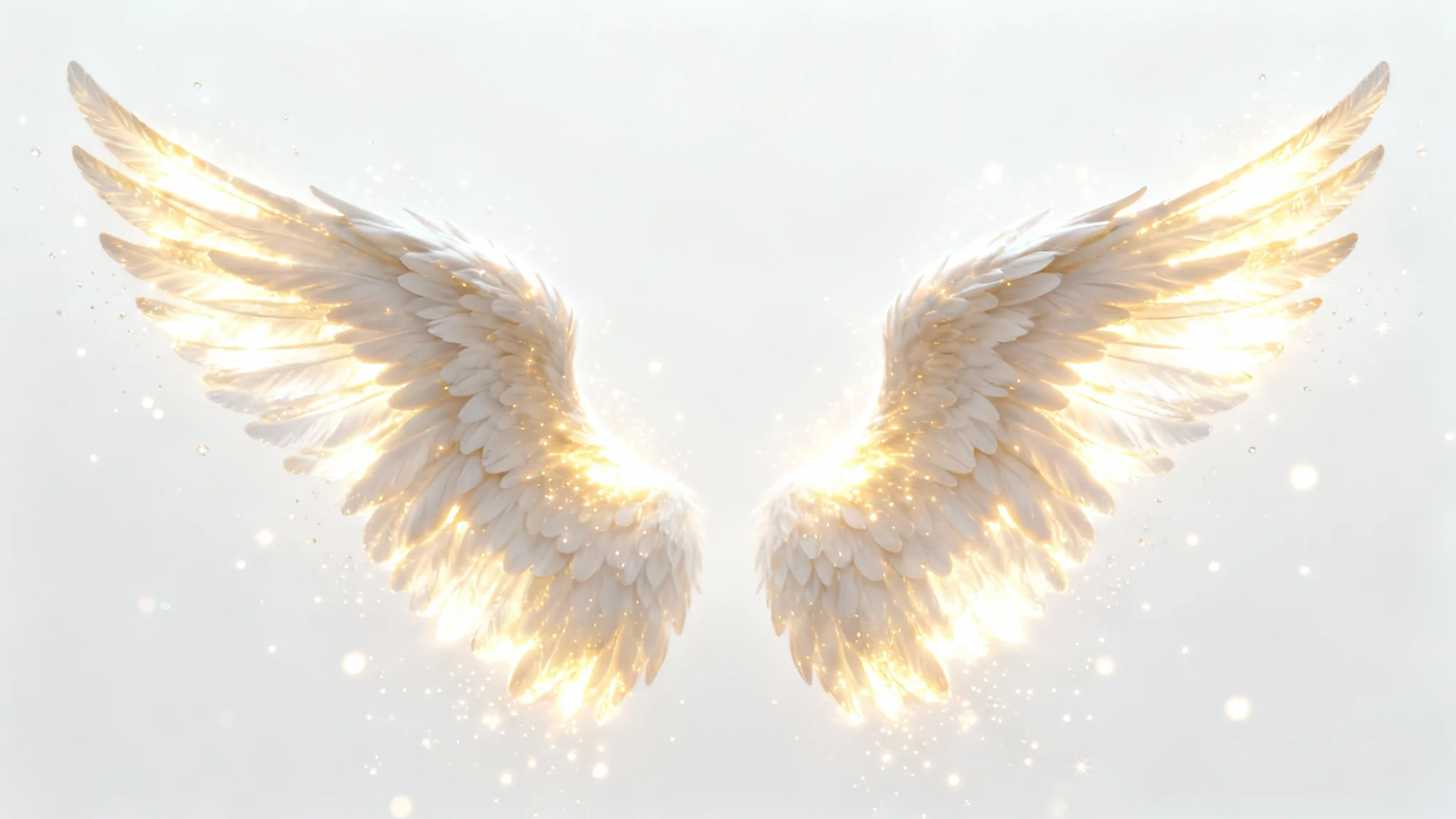 A pair of large, majestic angel wings, glowing with a brilliant warm golden-white light, are displayed against a clean white background, creating a divine and ethereal visual.