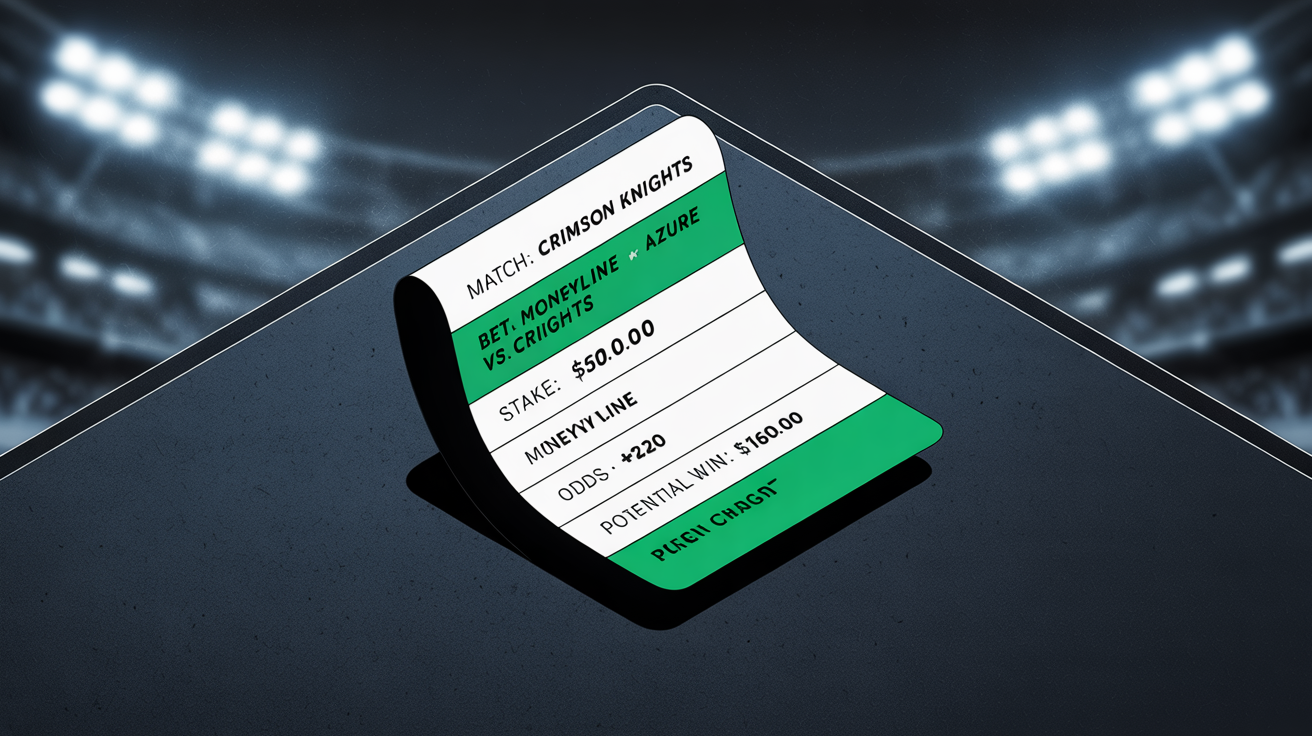 A sleek, modern digital betting slip for a soccer match between the Crimson Knights and Azure Dragons, shown from an isometric angle on a dark background.