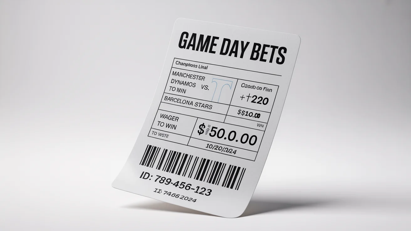 A realistic mockup of a sports betting slip for a soccer match between Manchester Dynamos and Barcelona Stars, displayed on a white background.