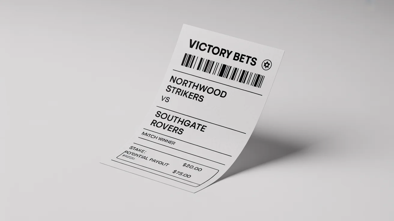 A realistic mockup of a sports betting slip for a football match, showing a $20 bet placed on the 'Northwood Strikers', displayed on a clean white background.