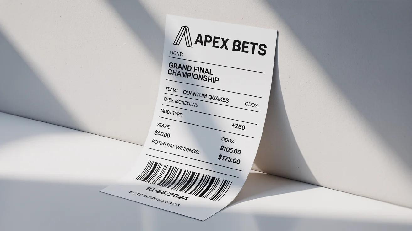 A realistic mockup of a modern sports betting slip from 'Apex Bets', showing a $50 wager on the 'Quantum Quakes' to win, displayed on a clean white background.