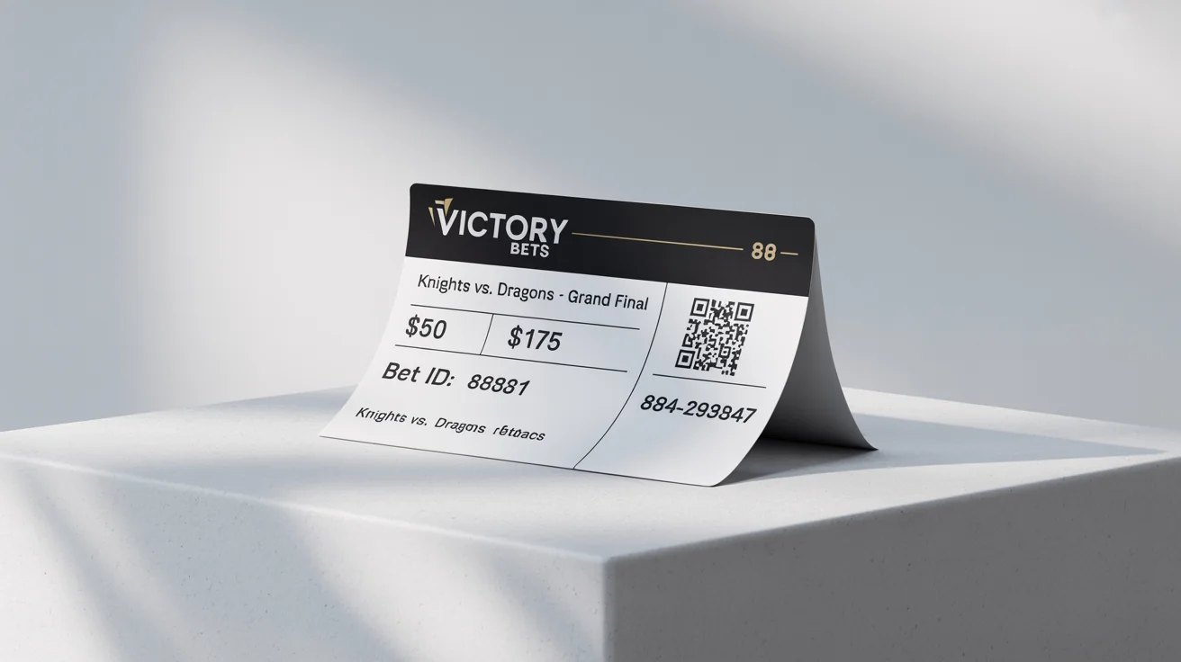 A photorealistic mockup of a modern betting slip from 'VICTORY BETS' for a sports final, displayed on a clean white background.