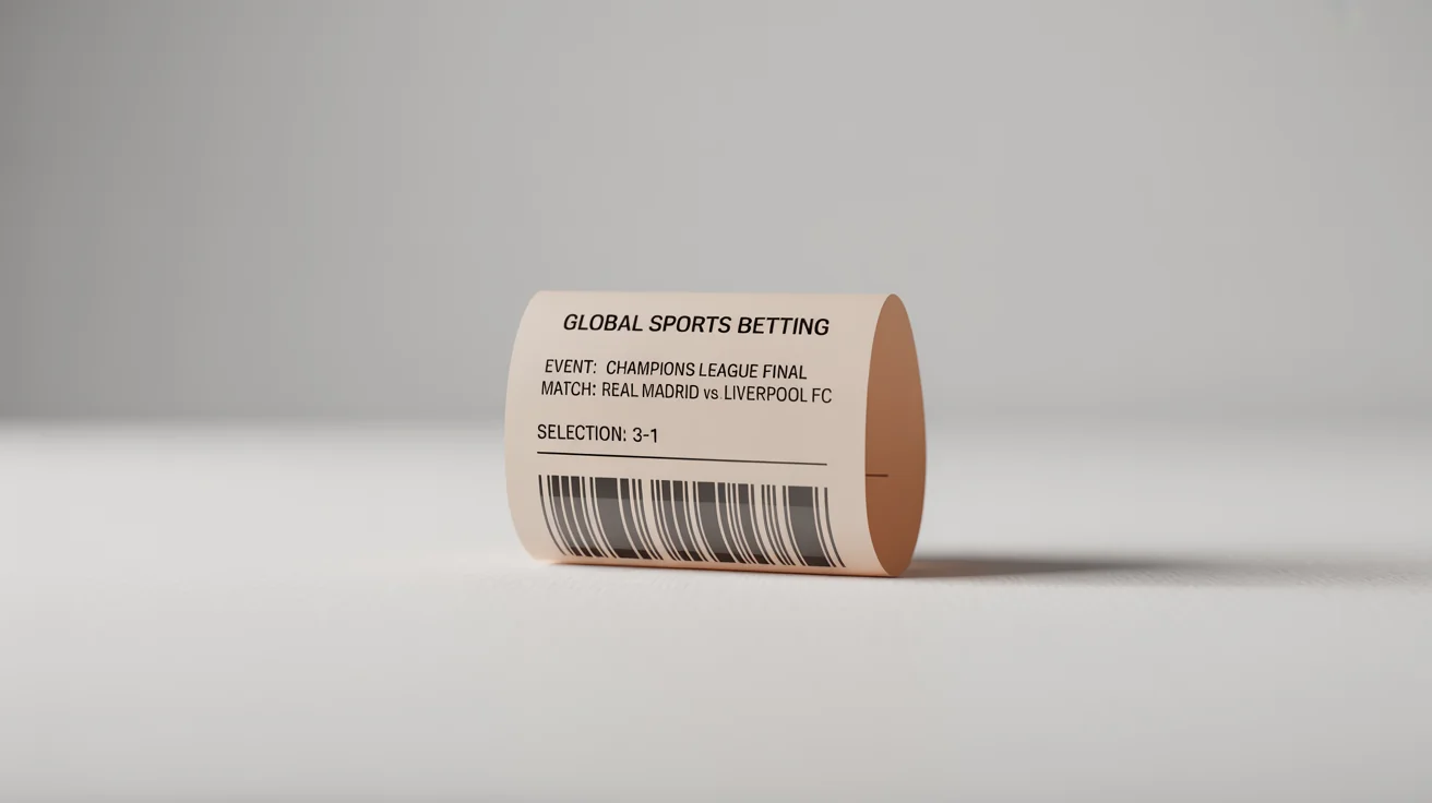 A photorealistic mockup of a sports betting slip for the Champions League Final, placed on a clean white background. The bet is a $50 stake on a 3-1 final score.