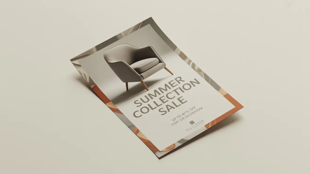 A professionally designed advertisement flyer for a furniture store's summer sale, shown as a photorealistic mockup on a clean white background.
