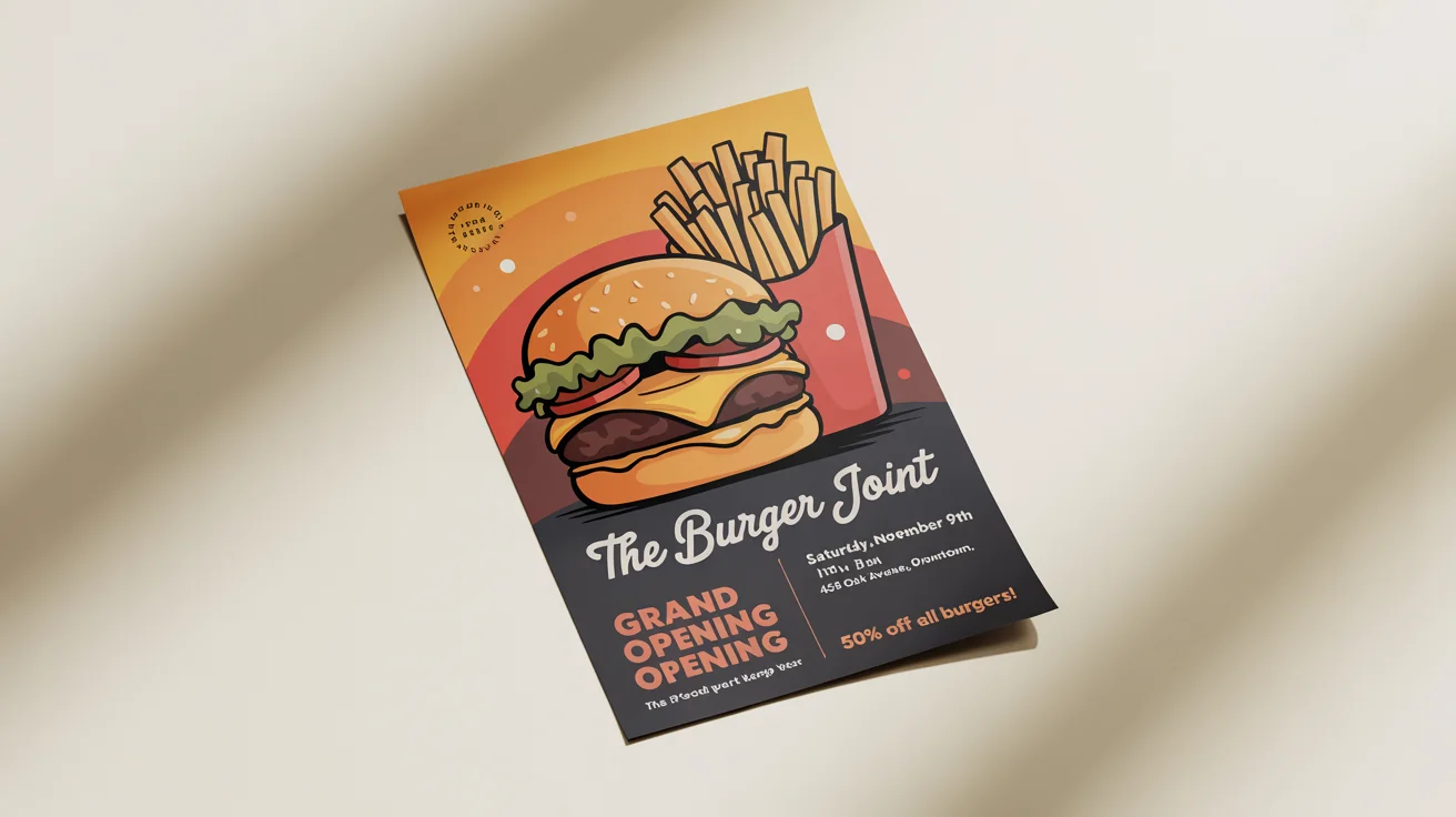 An advertisement flyer mockup for the grand opening of a restaurant called 'The Burger Joint', showing a picture of a burger and event details on a white background.