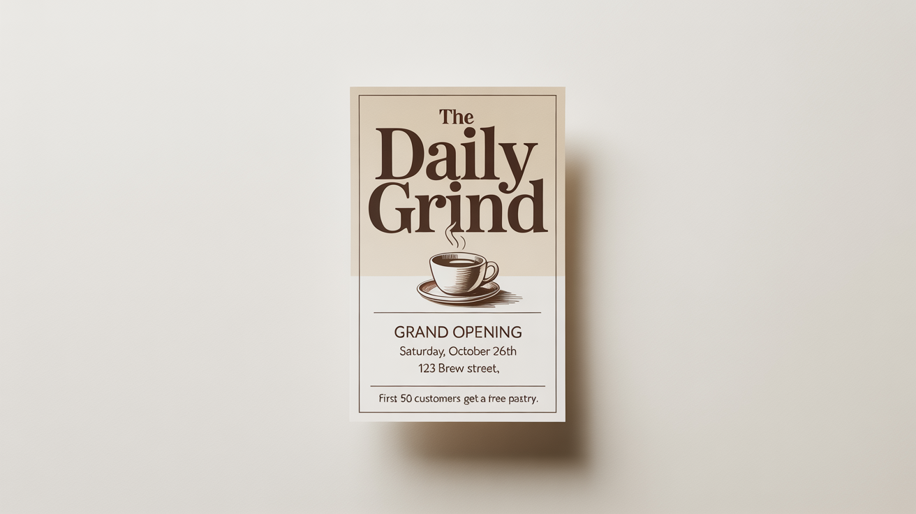 A mockup of a minimalist and elegant advertisement flyer for the grand opening of a coffee shop named 'The Daily Grind', set against a plain white background.