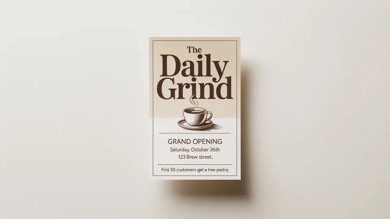 A mockup of a minimalist and elegant advertisement flyer for the grand opening of a coffee shop named 'The Daily Grind', set against a plain white background.