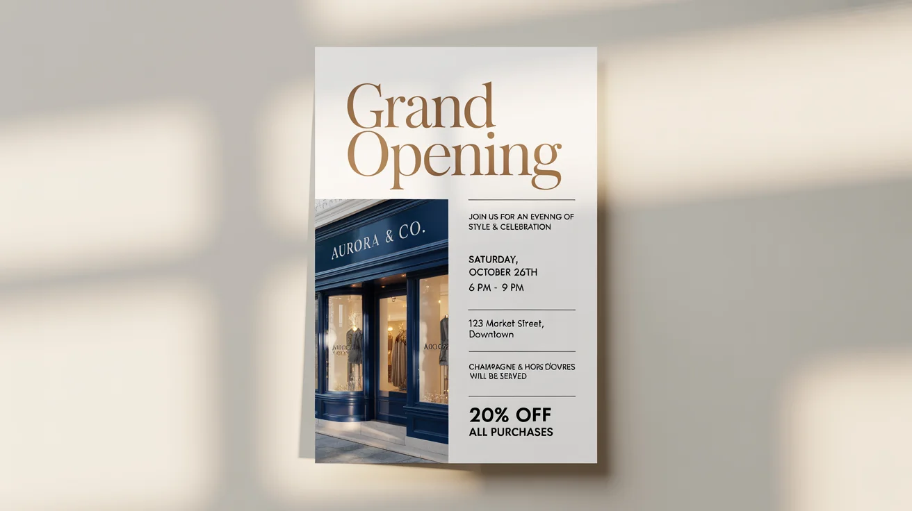 An elegant advertisement flyer mockup for the grand opening of a boutique named 'Aurora & Co.', shown against a white background.