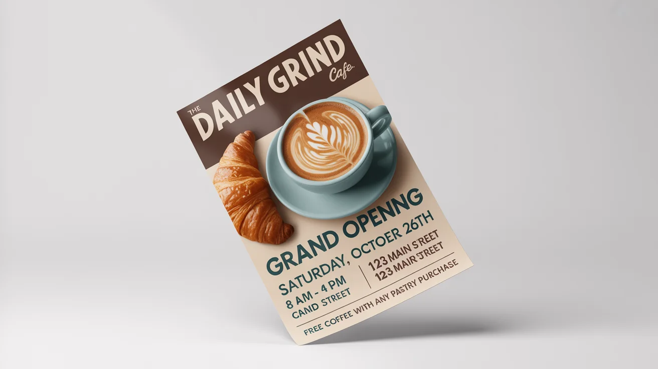 A modern and clean advertisement flyer mockup for the grand opening of a cafe called 'The Daily Grind', featuring a picture of a latte and a croissant, set against a plain white background.