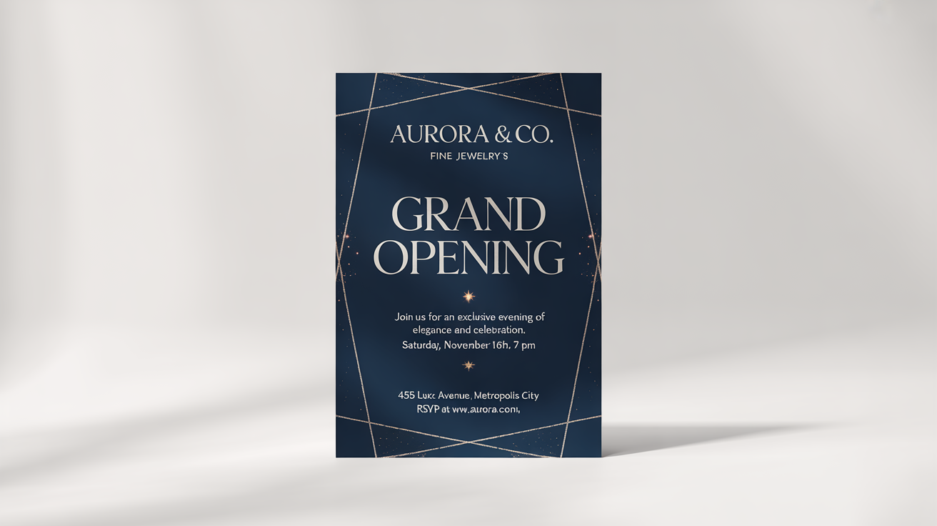 A mockup of an elegant advertisement flyer for the grand opening of a fictional jewelry store, 'Aurora & Co.' The flyer has a navy blue and gold design and is shown against a plain white background.