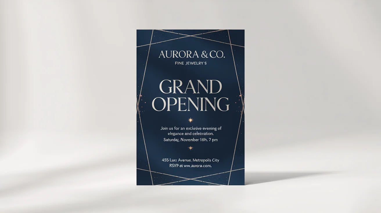 A mockup of an elegant advertisement flyer for the grand opening of a fictional jewelry store, 'Aurora & Co.' The flyer has a navy blue and gold design and is shown against a plain white background.