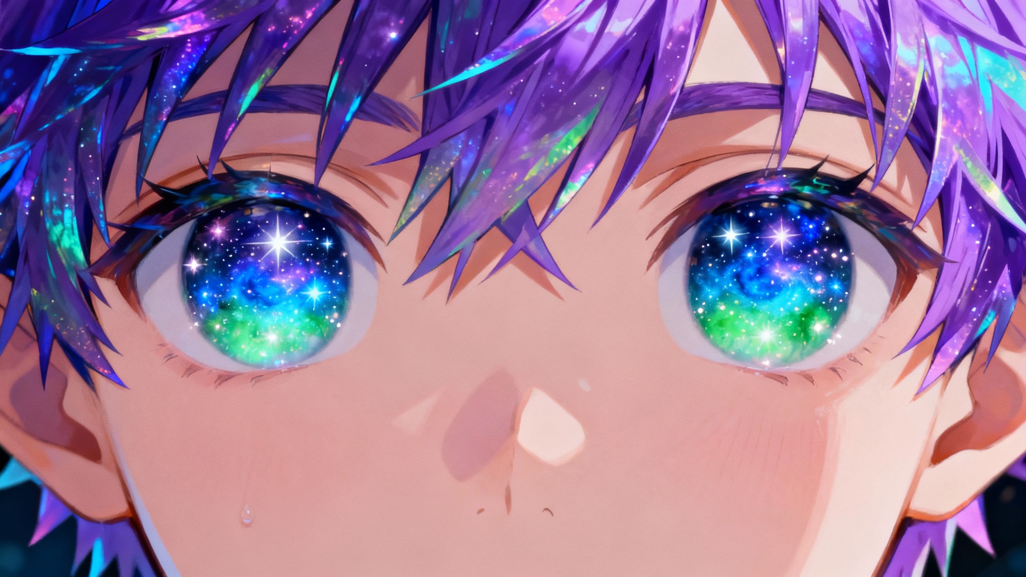A stunning close-up of a female anime character's face, showcasing her incredibly detailed and sparkling oversized eyes, which are a mix of bright blue and green like a galaxy, against her spiky purple hair.