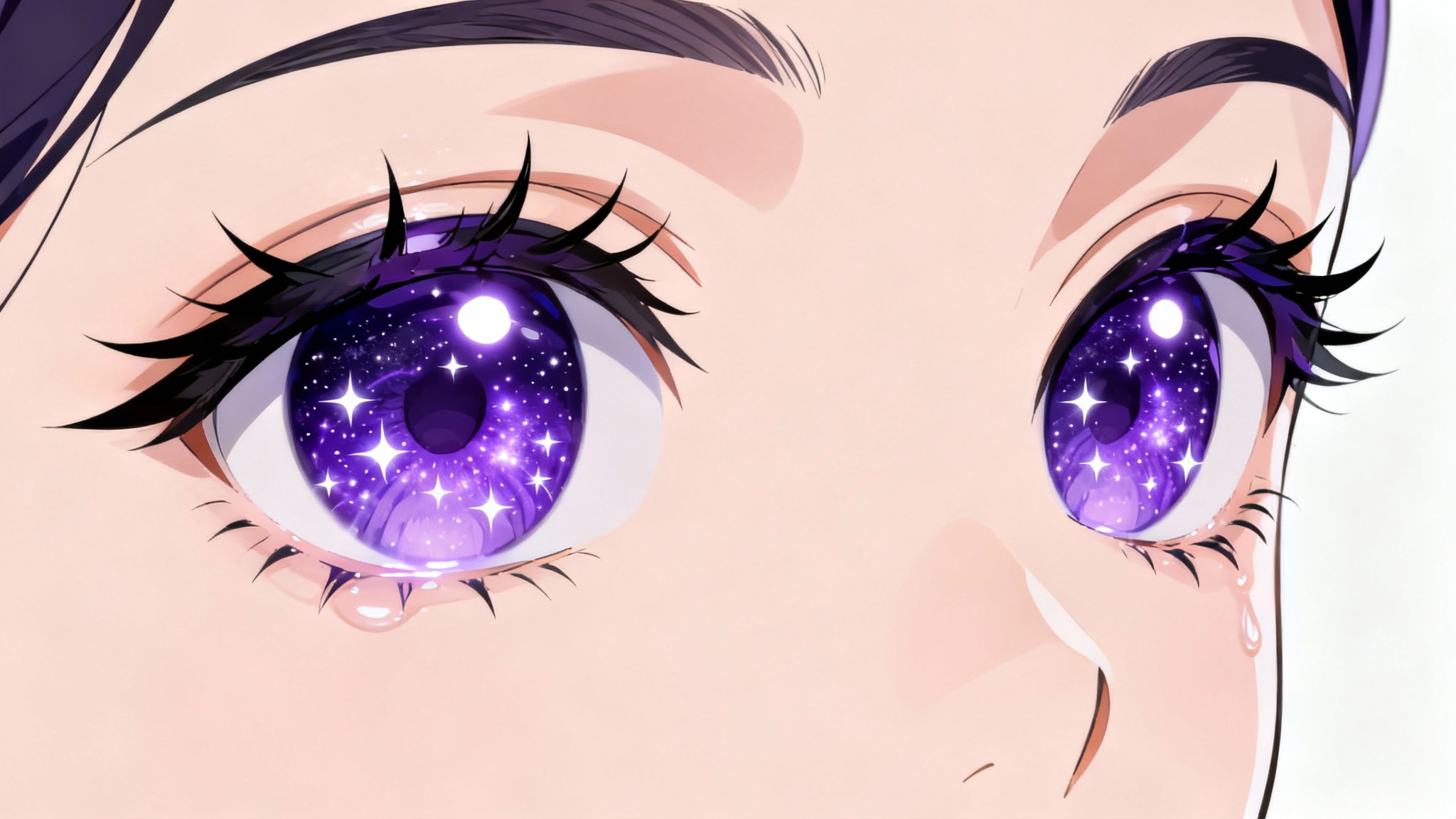 A detailed, close-up digital illustration of a pair of large anime eyes with vibrant violet irises that look like a galaxy, set against a plain white background.