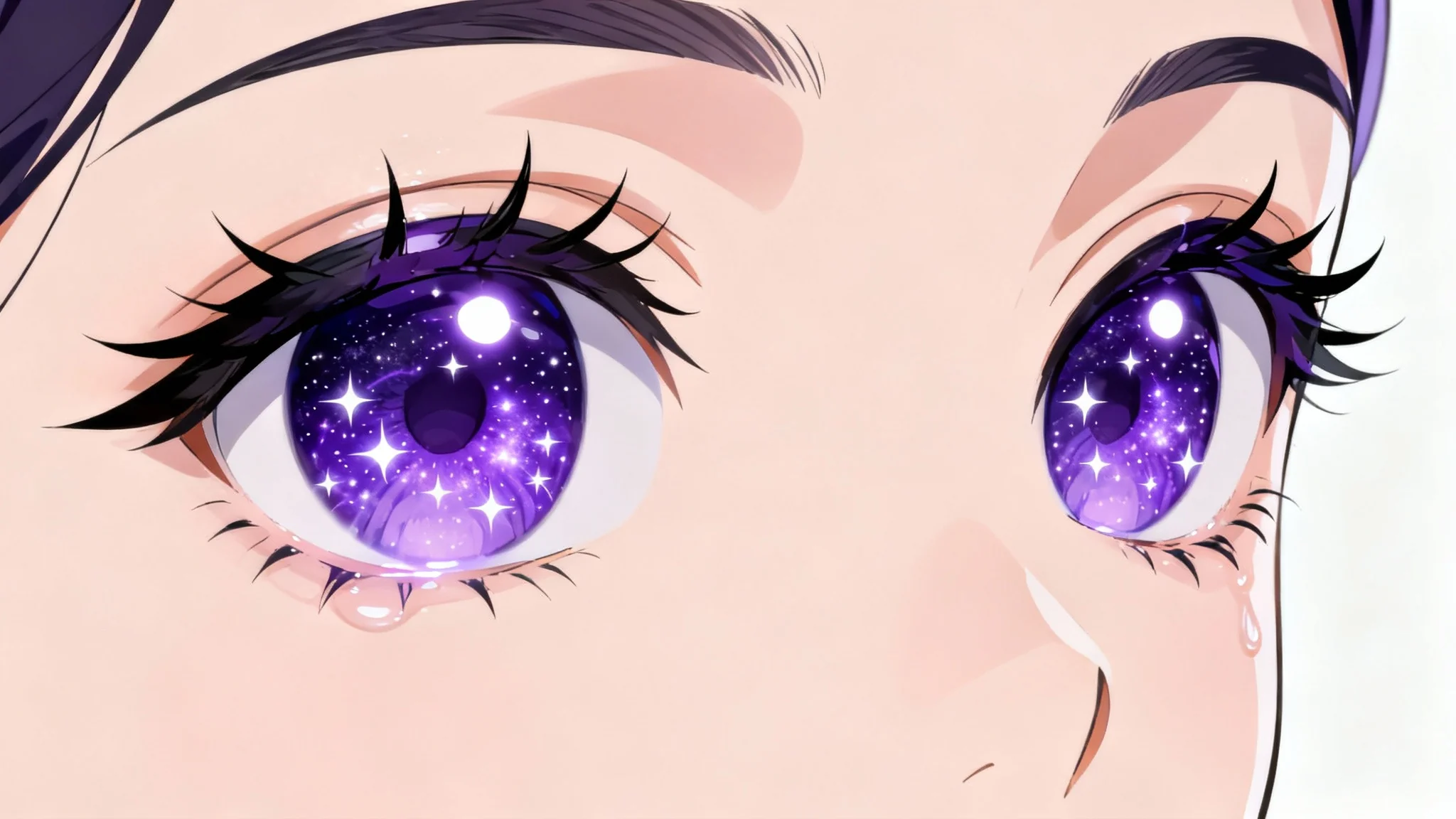 A detailed, close-up digital illustration of a pair of large anime eyes with vibrant violet irises that look like a galaxy, set against a plain white background.