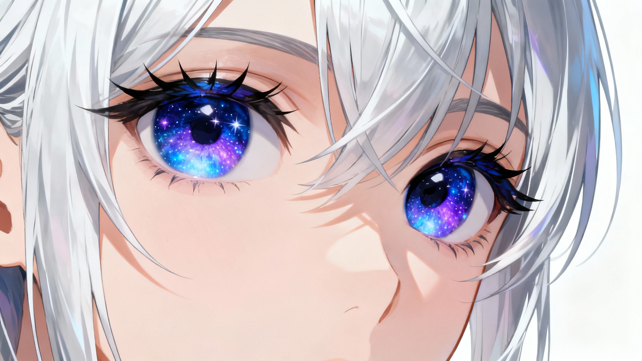 An extreme close-up of a pair of beautifully detailed anime eyes with blue and purple galaxy-like irises and long eyelashes, on a white background.
